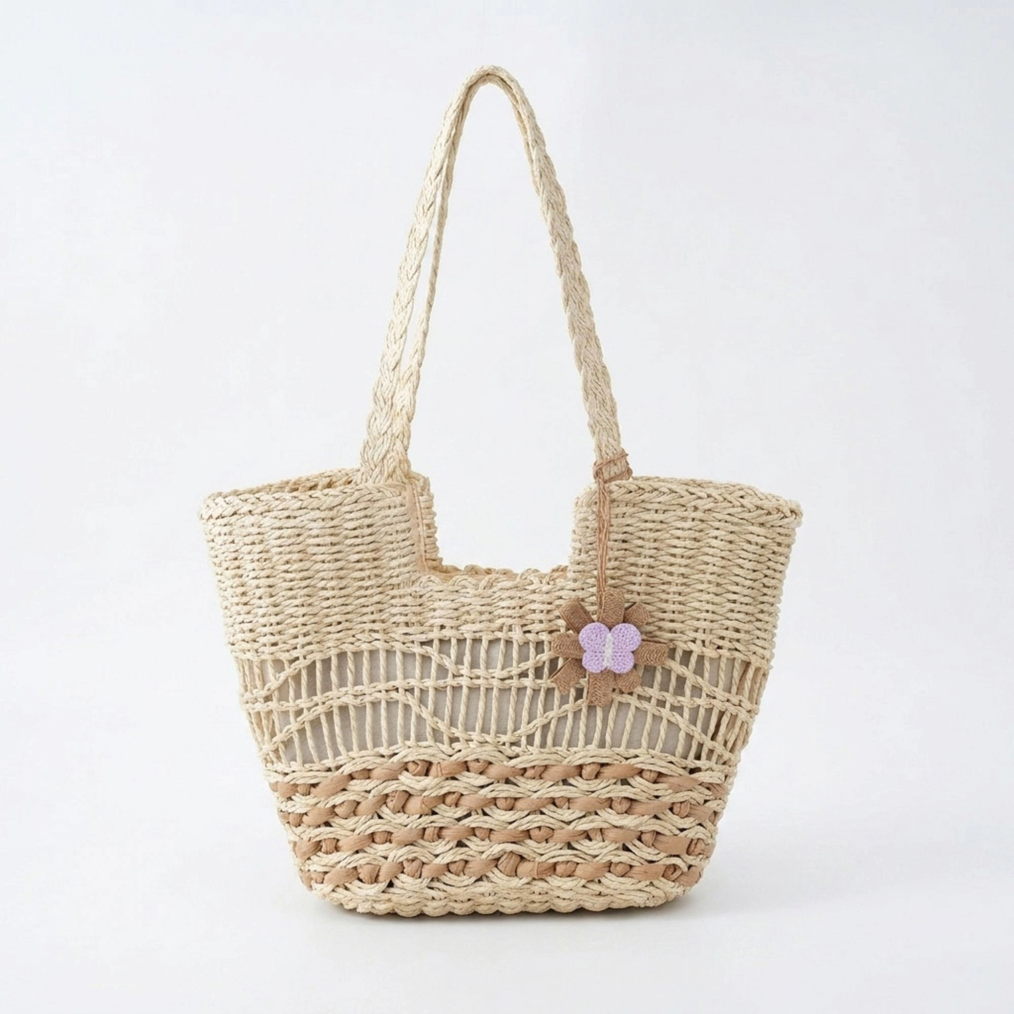 Alilang Women's Woven Look Straw Tote Bag with Braided Handles and Charm Detail, Brown