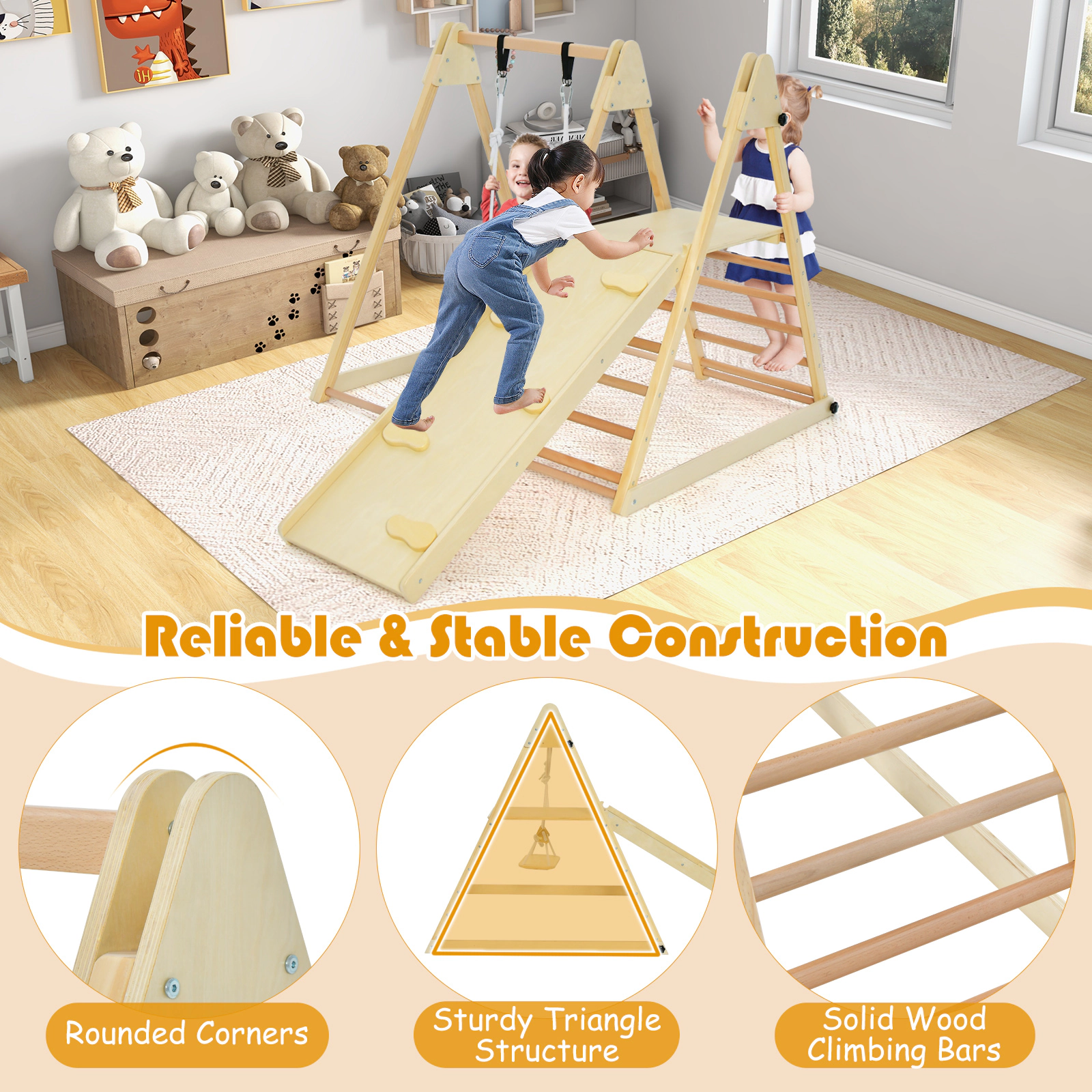 SUGIFT Natural 5-in-1 Foldable Wooden Kids Climber with Slide and Adjustable Swing 275-lb Total 4.5-in Folded