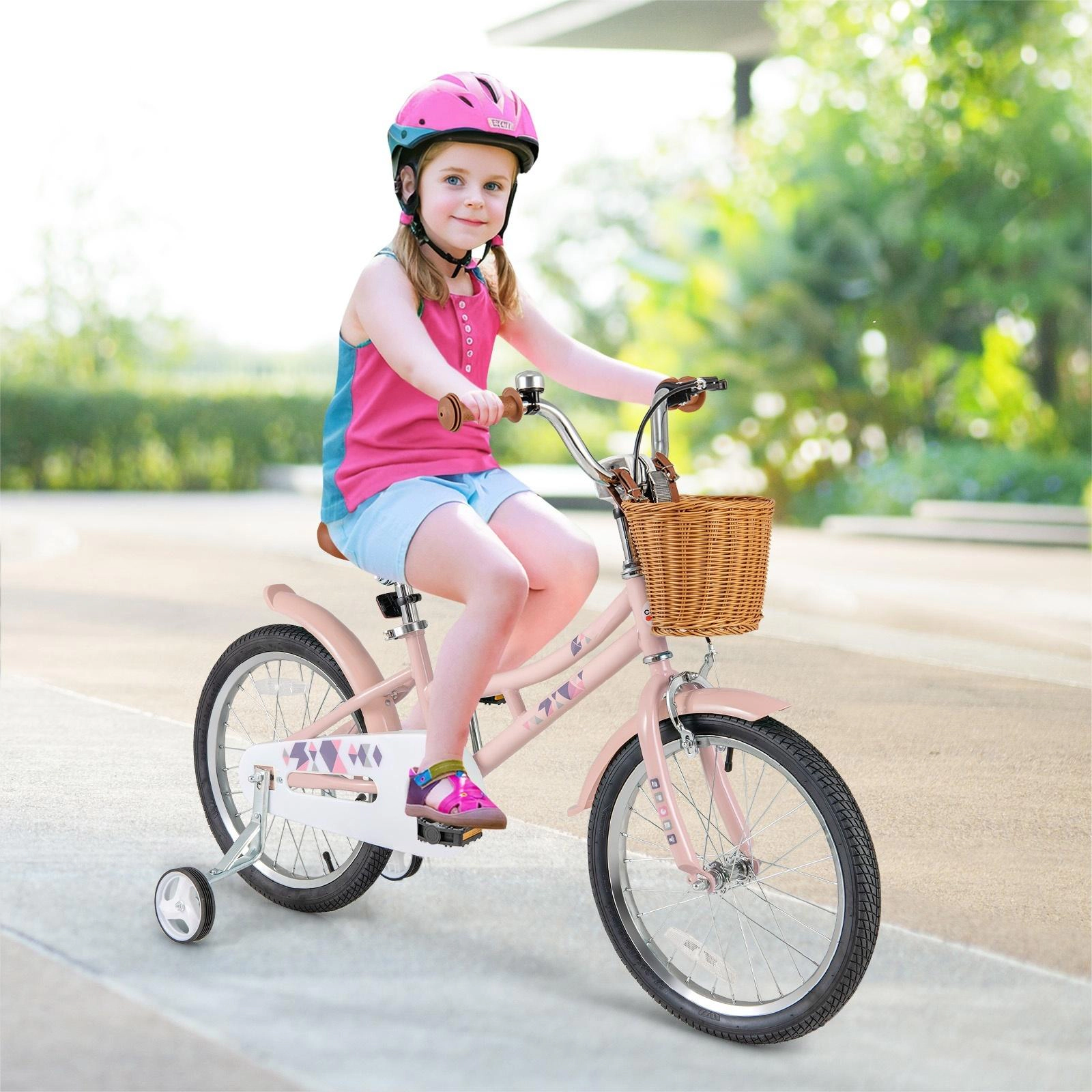 SUGIFT Pink Removable Basket Training Wheels Fenders and Kickstand Kids 18 Inch Retro Bike