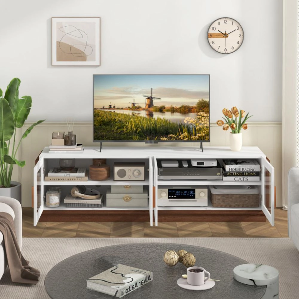 Hivvago Large Tv Stand For Tvs Up To 75 Inch With 4 Tempered Glass Doors For Living Room-White