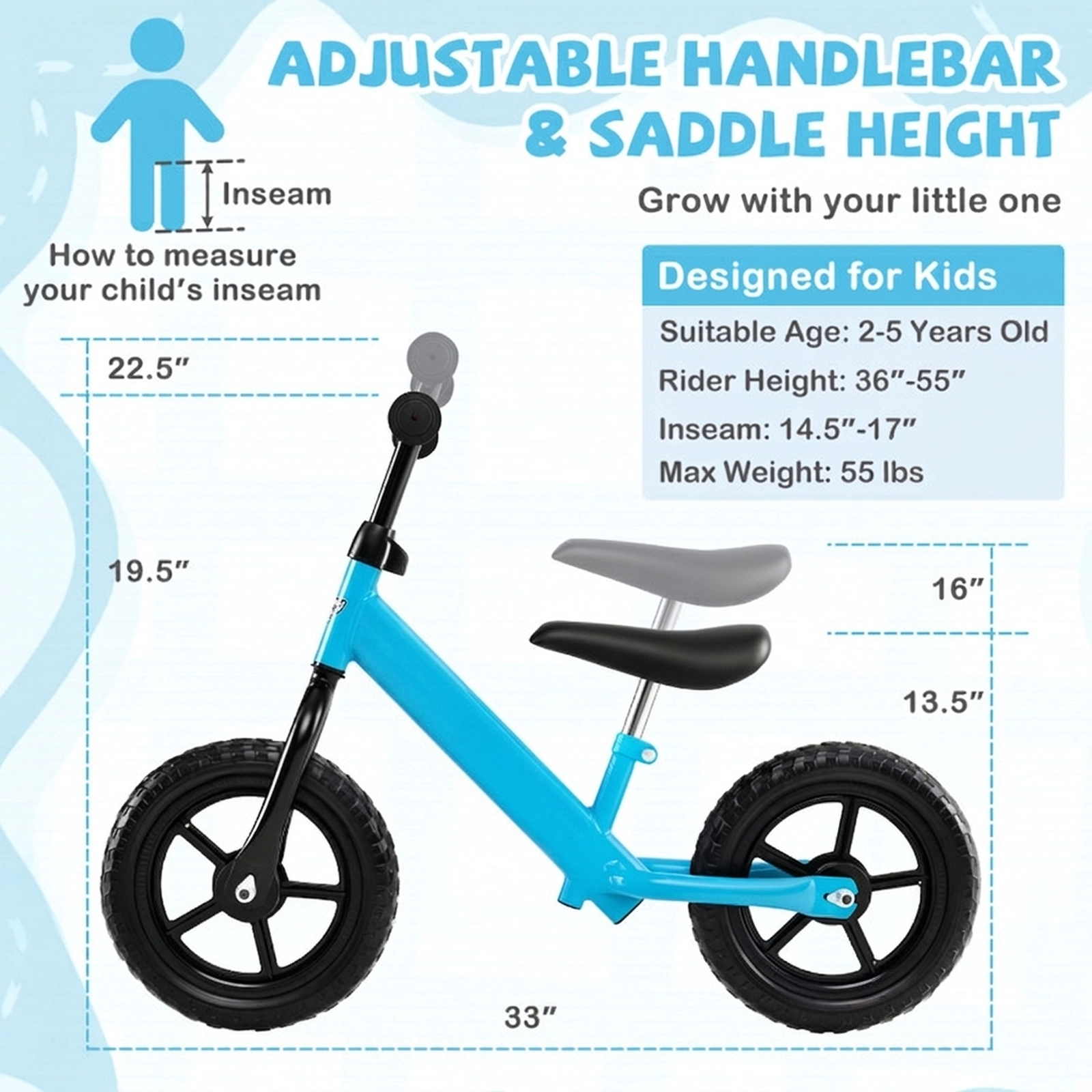 SUGIFT Lightweight Toddler Balance Bike No Pedal Training Bicycle 55-lb Capacity Ages 2-5 Blue