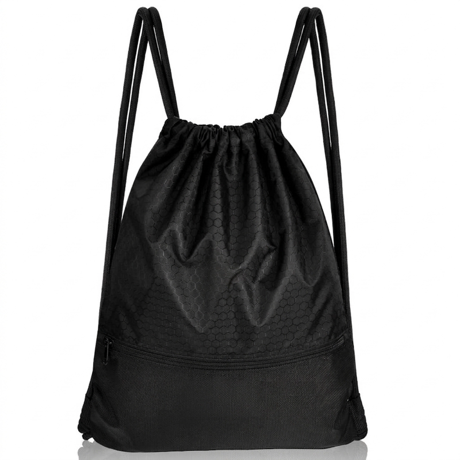SUGIFT Foldable Drawstring Backpack Sports Sack with Zipper Pockets Black/Dark Blue Camping Bag