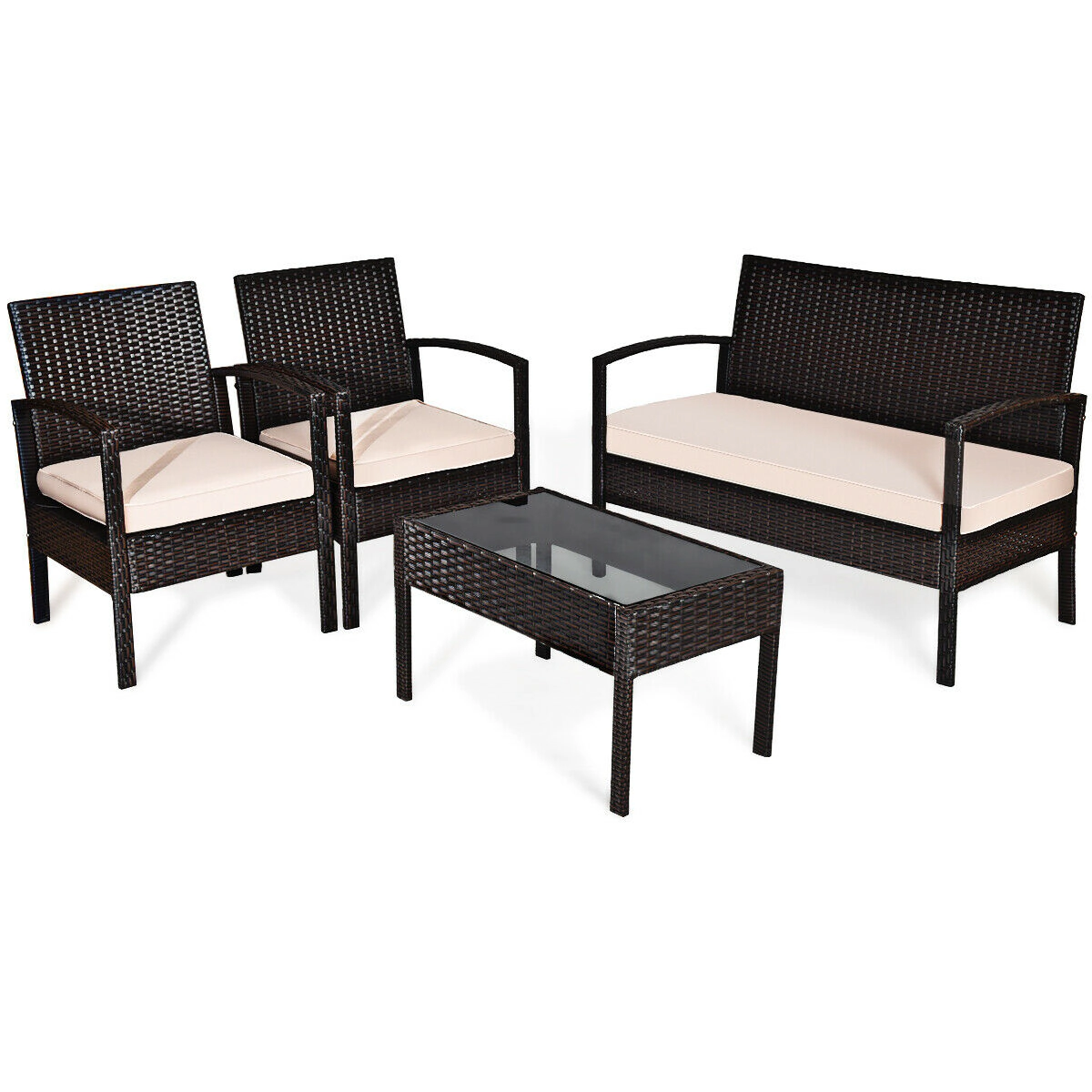 LJG 4 Pieces Patio Rattan Conversation Set with Loveseat Sofas and Coffee Table