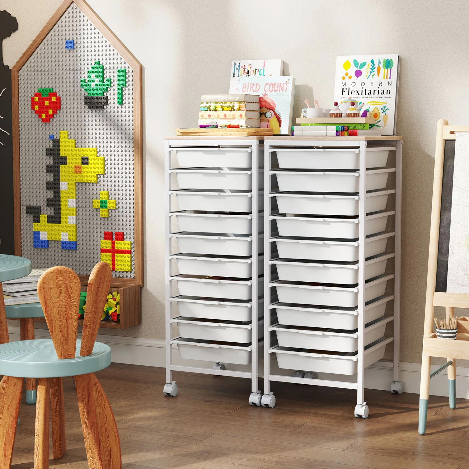 SlickBlue 10 Drawer Rolling Storage Cart with Wooden Top Organizer