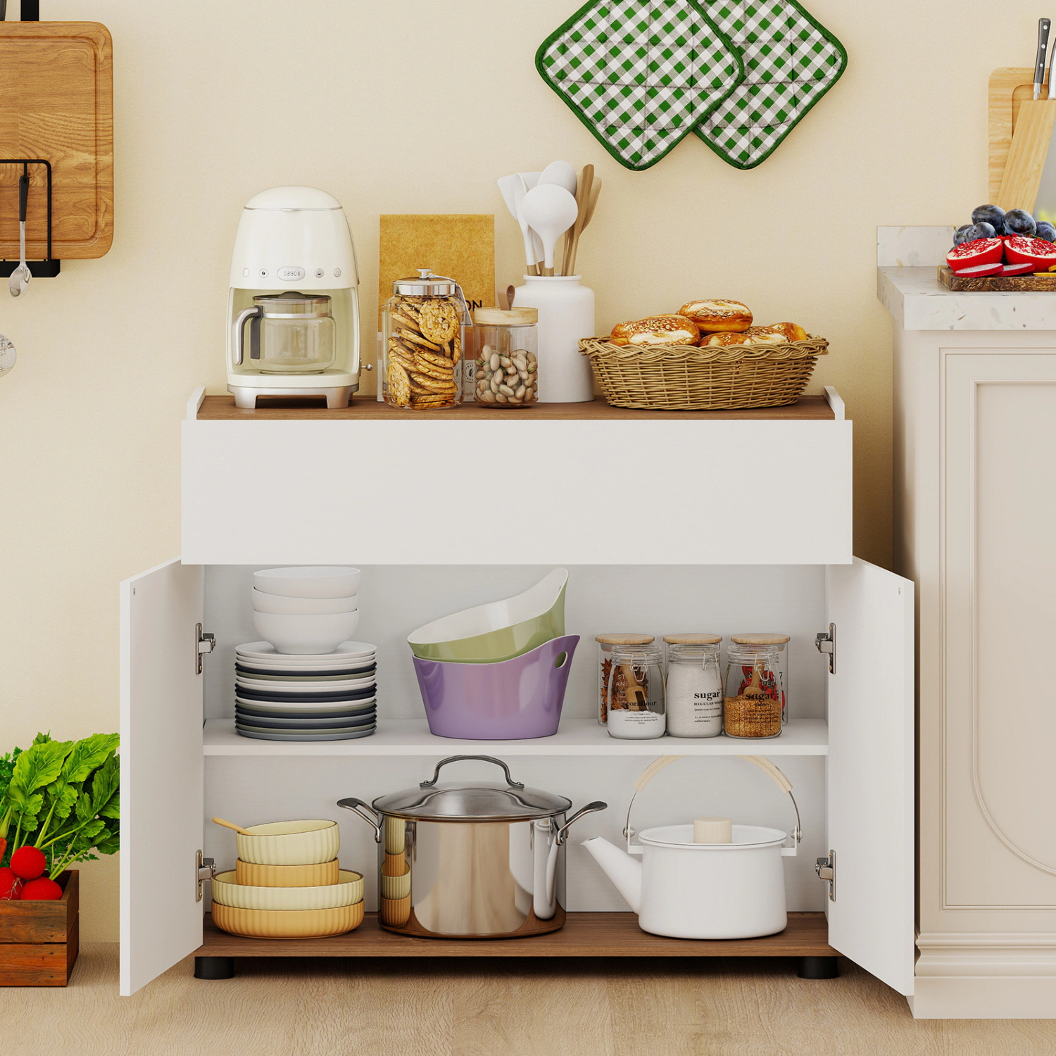 SUGIFT 31.5-in 88-lb Countertop White Wooden Sideboard Buffet Cabinet with Push-to-Open Doors and Wide Drawer