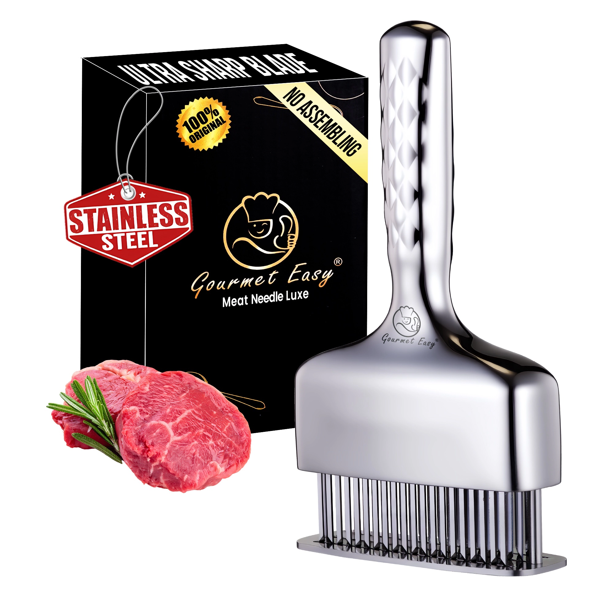 Gourmet Easy Meat Tenderizer Tool, Ultra Sharp Stainless Steel Needle Blades, Non-slip Long Handle