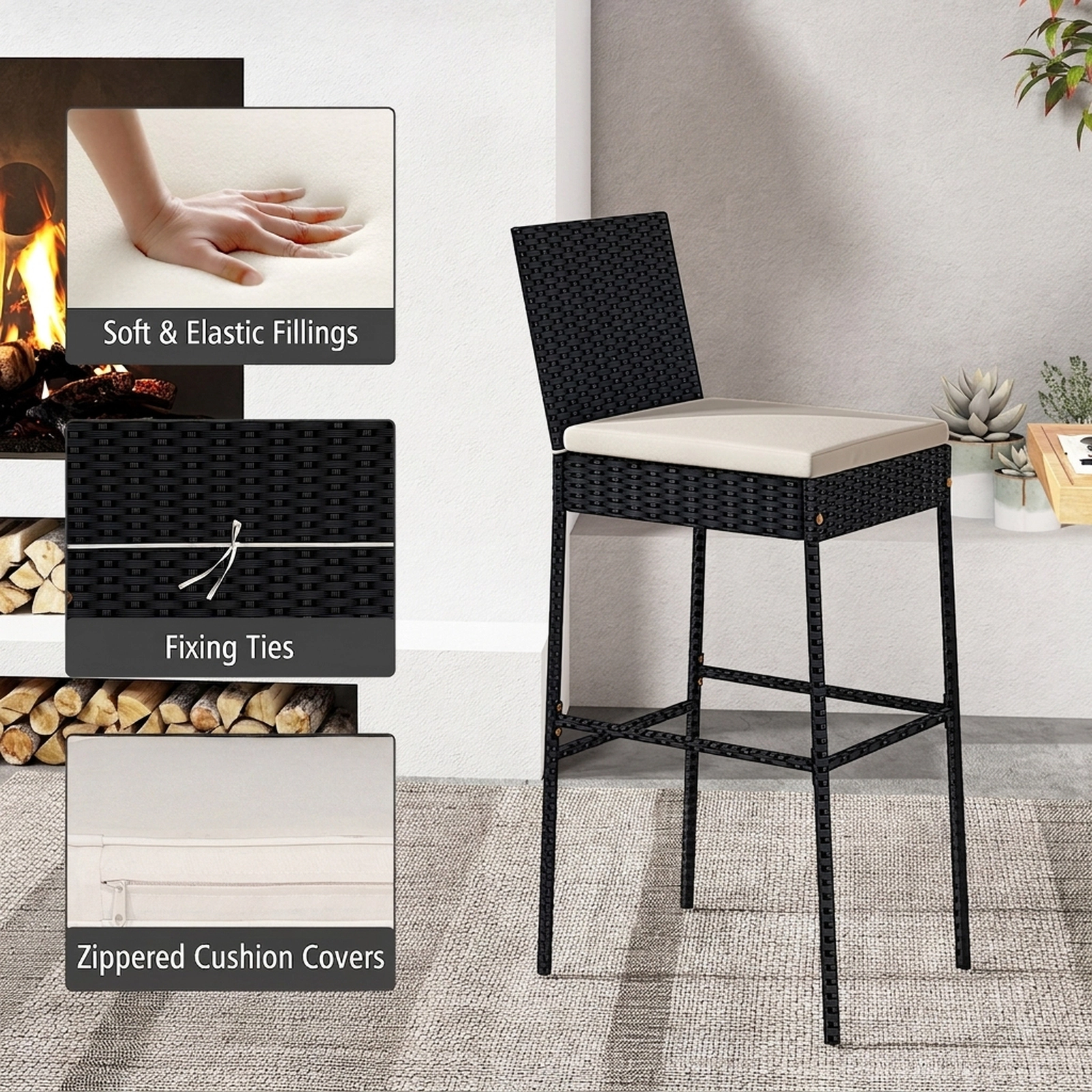 SUGIFT Black Backrest Footrest and Seat Cushions Set of 2 Patio Wicker Bar Stool