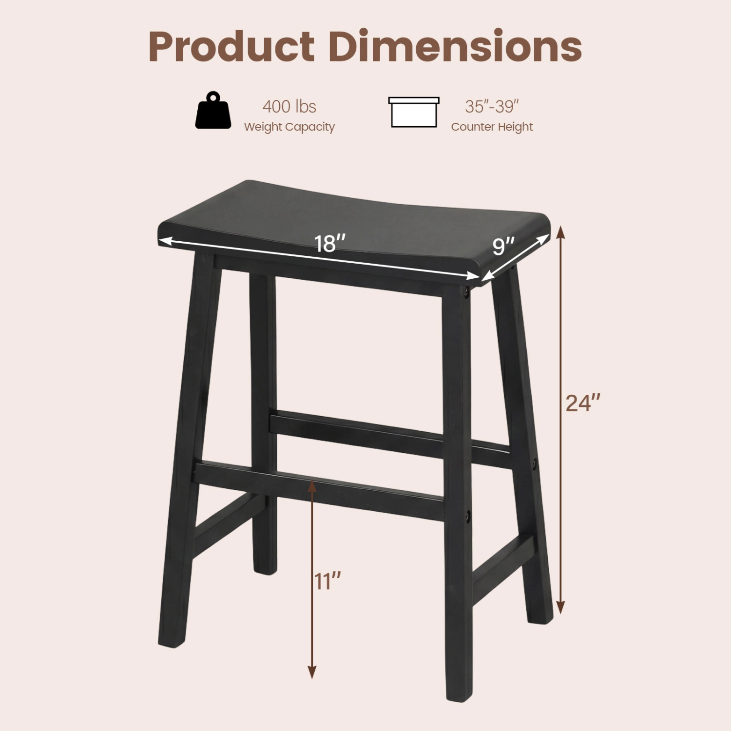 Glintex 2-Piece 24-Inch Backless Solid Wood Saddle Counter Stool Set