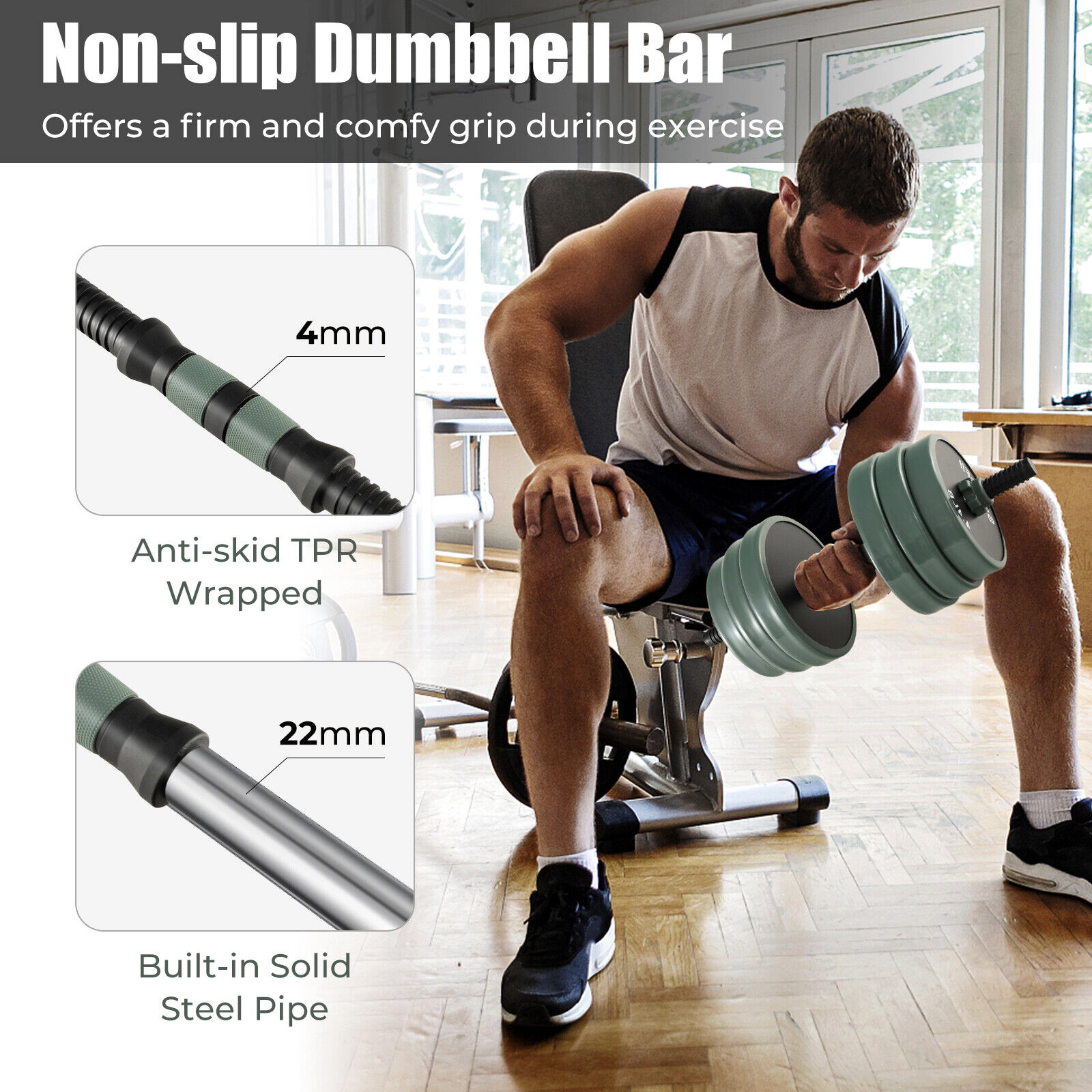 SUGIFT 4-in-1 Adjustable Dumbbell Barbell Kettlebell Free Weight Set 12 Plates 16-in Bars 47-lb Total Black + Gray