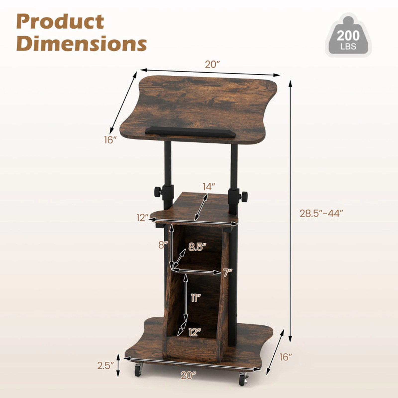 SUGIFT Tilting Top Storage Rolling Podium Standing Desk 20-in x 16-in 28.5-in to 44-in 200-lb Capacity Rustic Brown