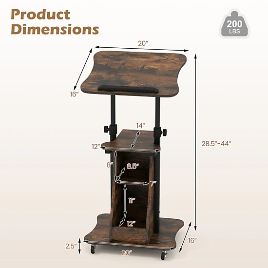 SUGIFT Tilting Top Storage Rolling Podium Standing Desk 20-in x 16-in 28.5-in to 44-in 200-lb Capacity Rustic Brown