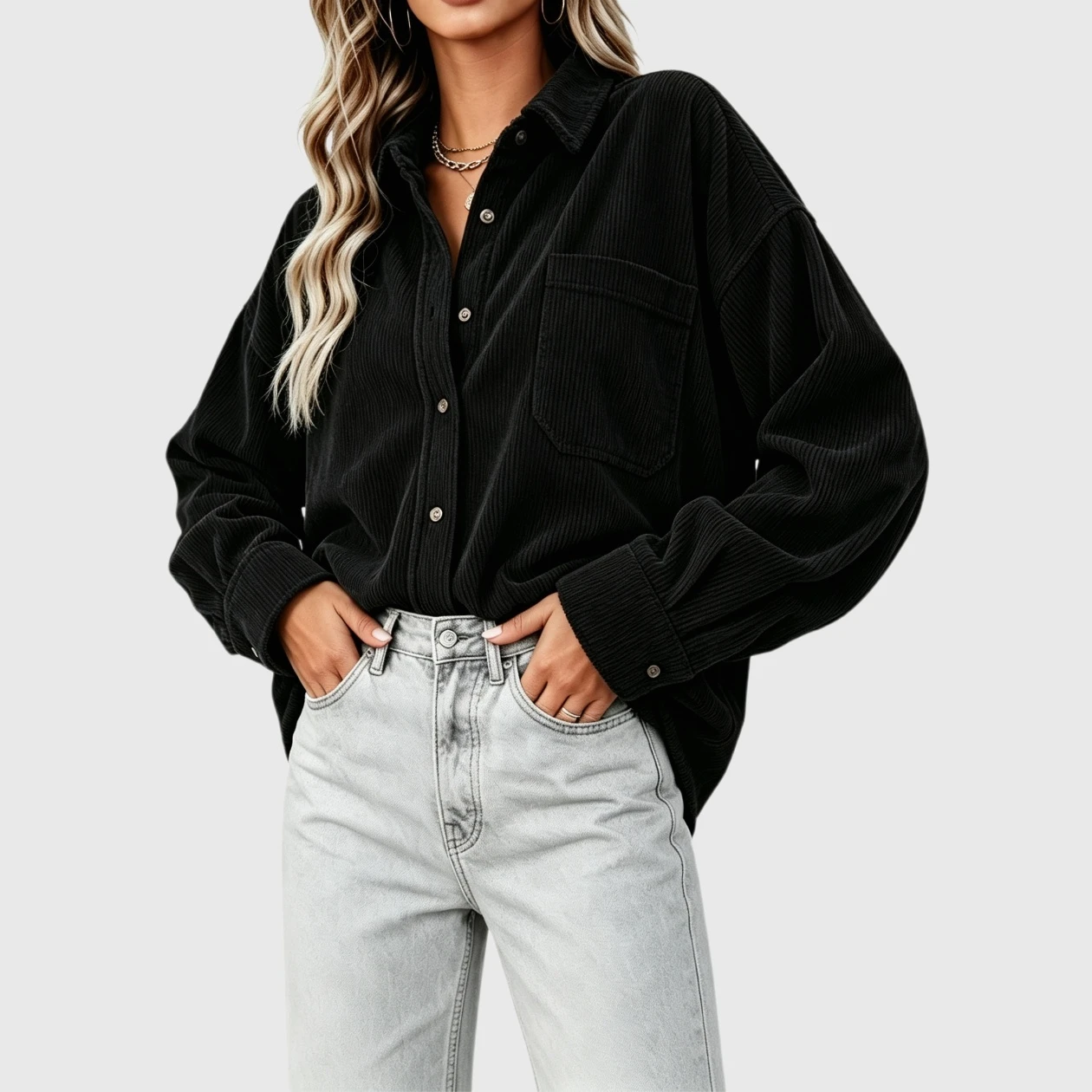 YesFashion Womens Corduroy Oversized Shirt Collared V Neck Long Sleeve Button Up Blouses Shacket