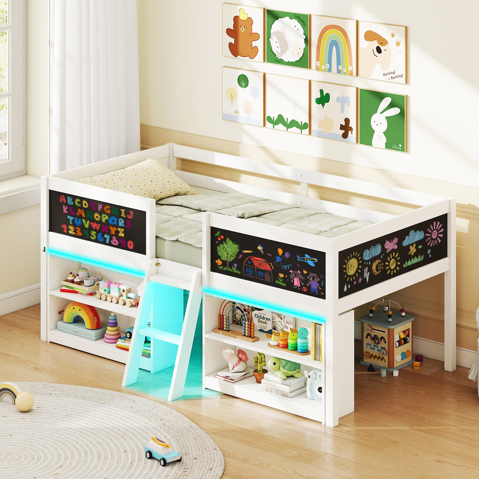 Costway Low Loft Bed Twin Wooden Frame Kid's Cabin w/ Bookcases White