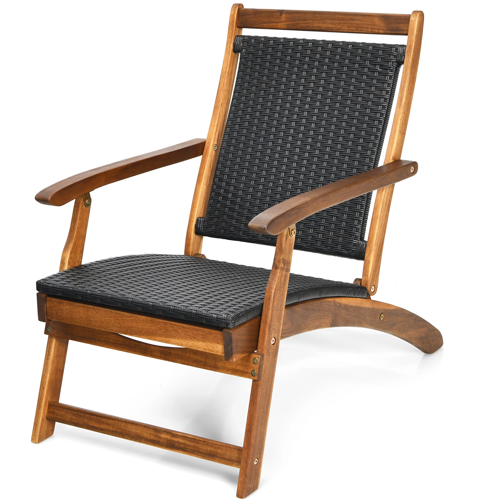 SUGIFT Brown Retractable Footrest 360-lb Patio Rattan Folding Lounge Chair Acacia Wood Frame