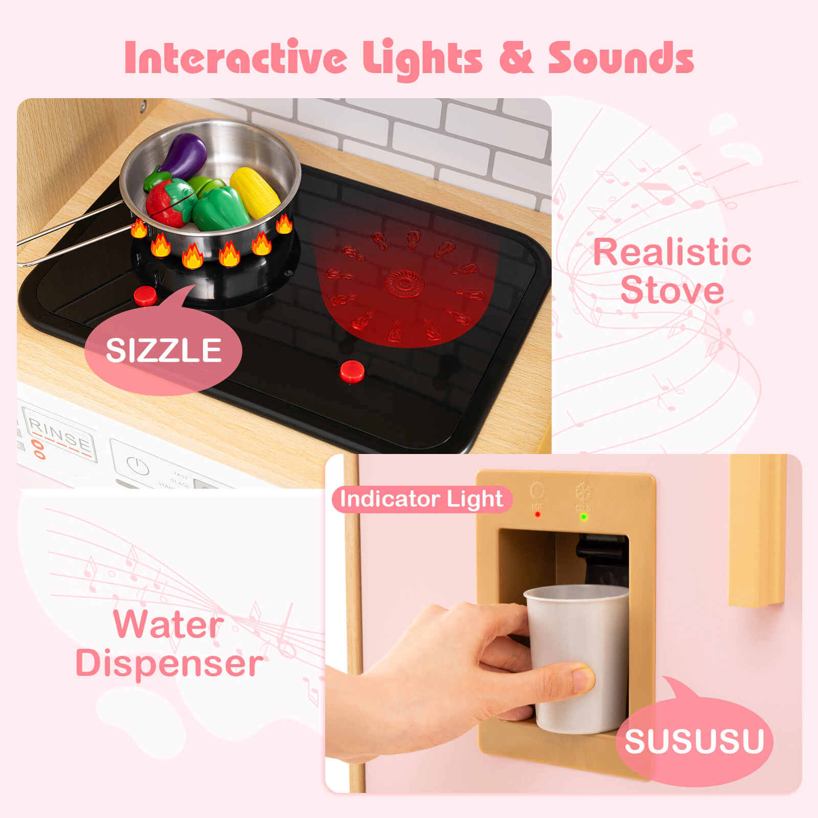 Costway Wooden Kids Kitchen Playset Pretend Play with Real Sounds Lights Yellow