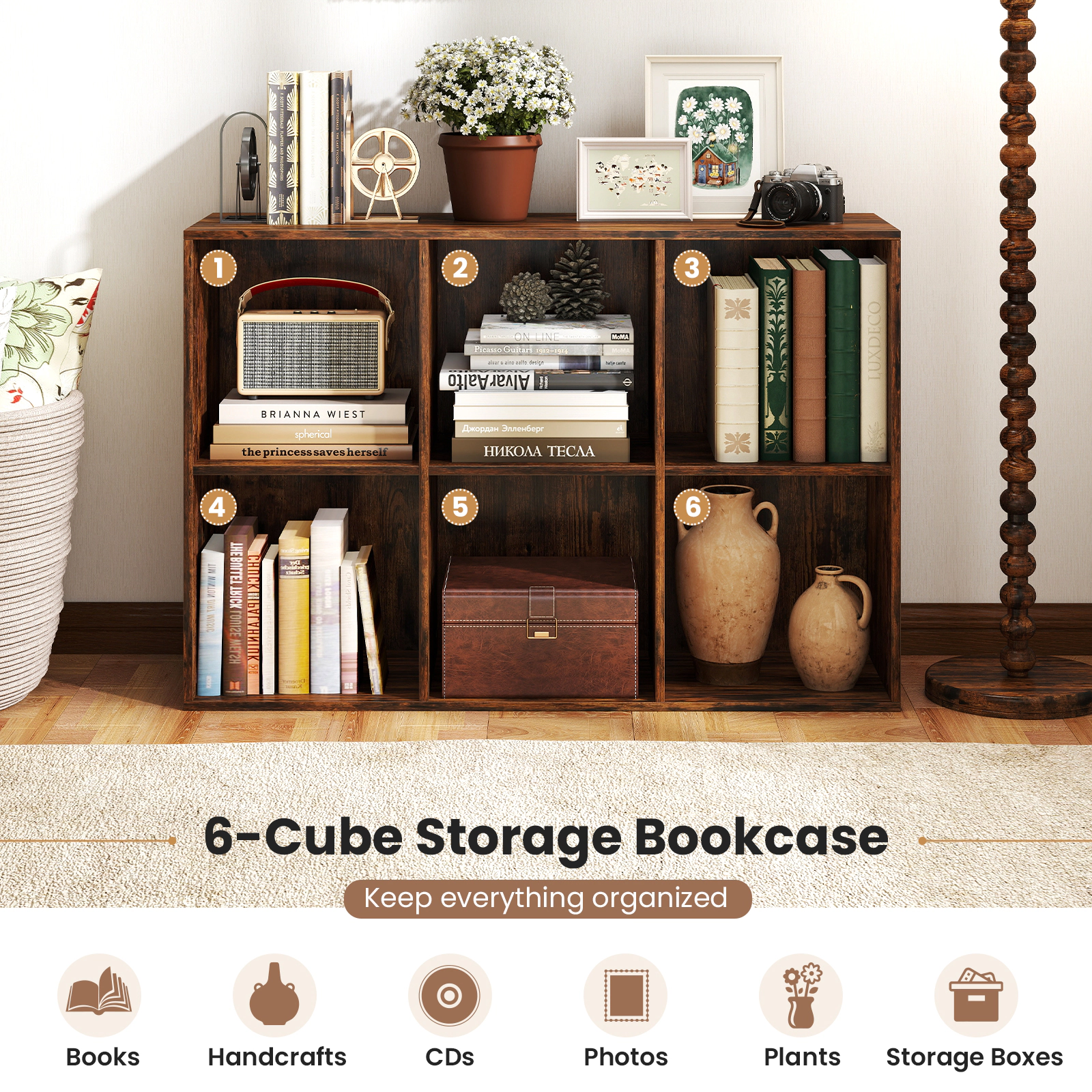 Costway 6-Cube Bookcase Modern 3-Tier Storage Organizer Horizontal Vertical Bookshelf Brown