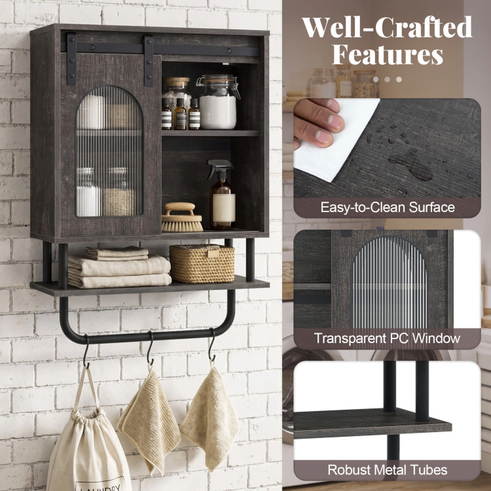SUGIFT Barn Door Metal Bar 3 Hooks 3-Tier Wall Mount Bathroom Cabinet 20-in x 8-in x 27.5-in 66-lb Capacity Black