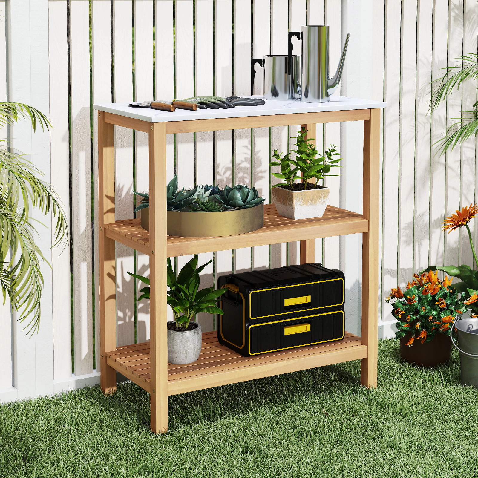 LJG 3-Tier Garden Potting Bench Table with Marble-Like Countertop