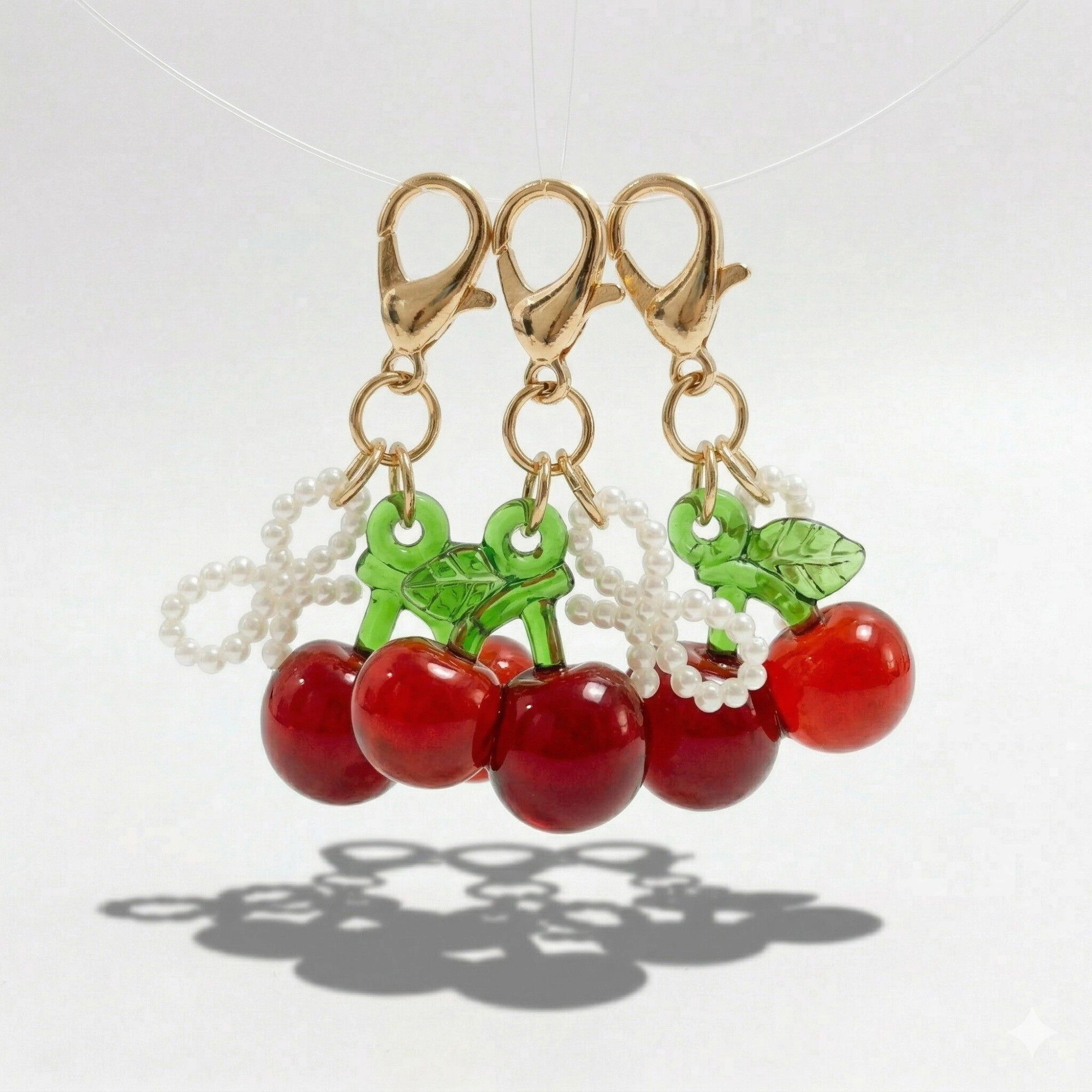 Alilang Women's 3 Pcs Cherry Charm Clip Set with Faux Pearl Accent Decorative Bag Keychain Accessory