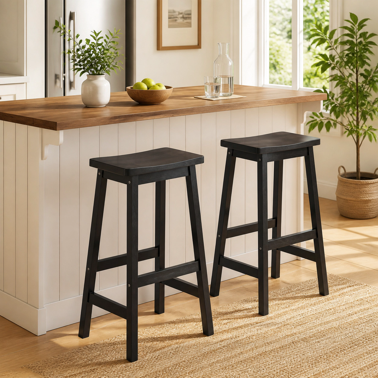 SUGIFT Set of 2 Black 29 in. Backless Rubber Wood Saddle Bar Stools