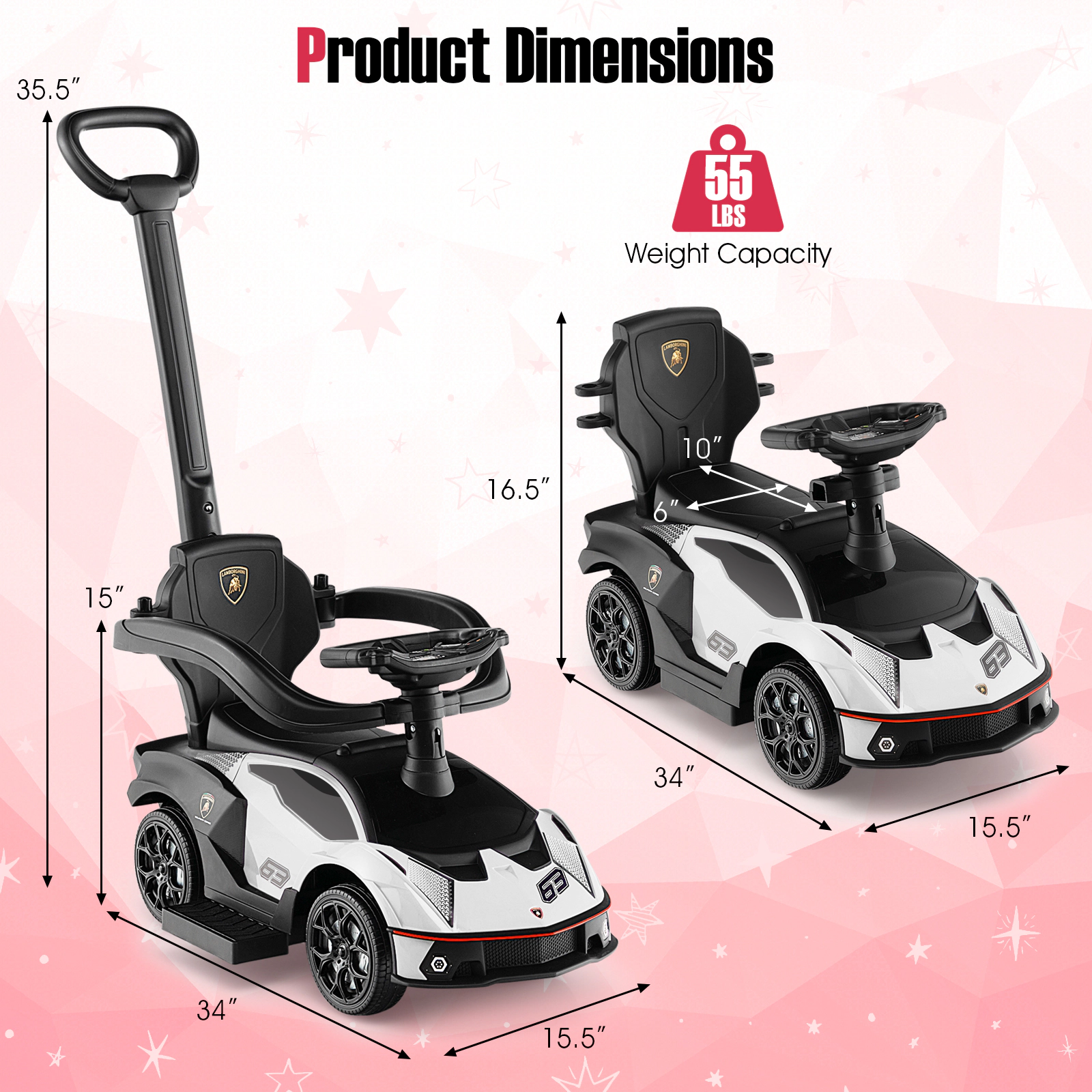 SUGIFT White Handle Guardrail and Storage Kids 3 in 1 Licensed Lamborghini Ride On Push Car