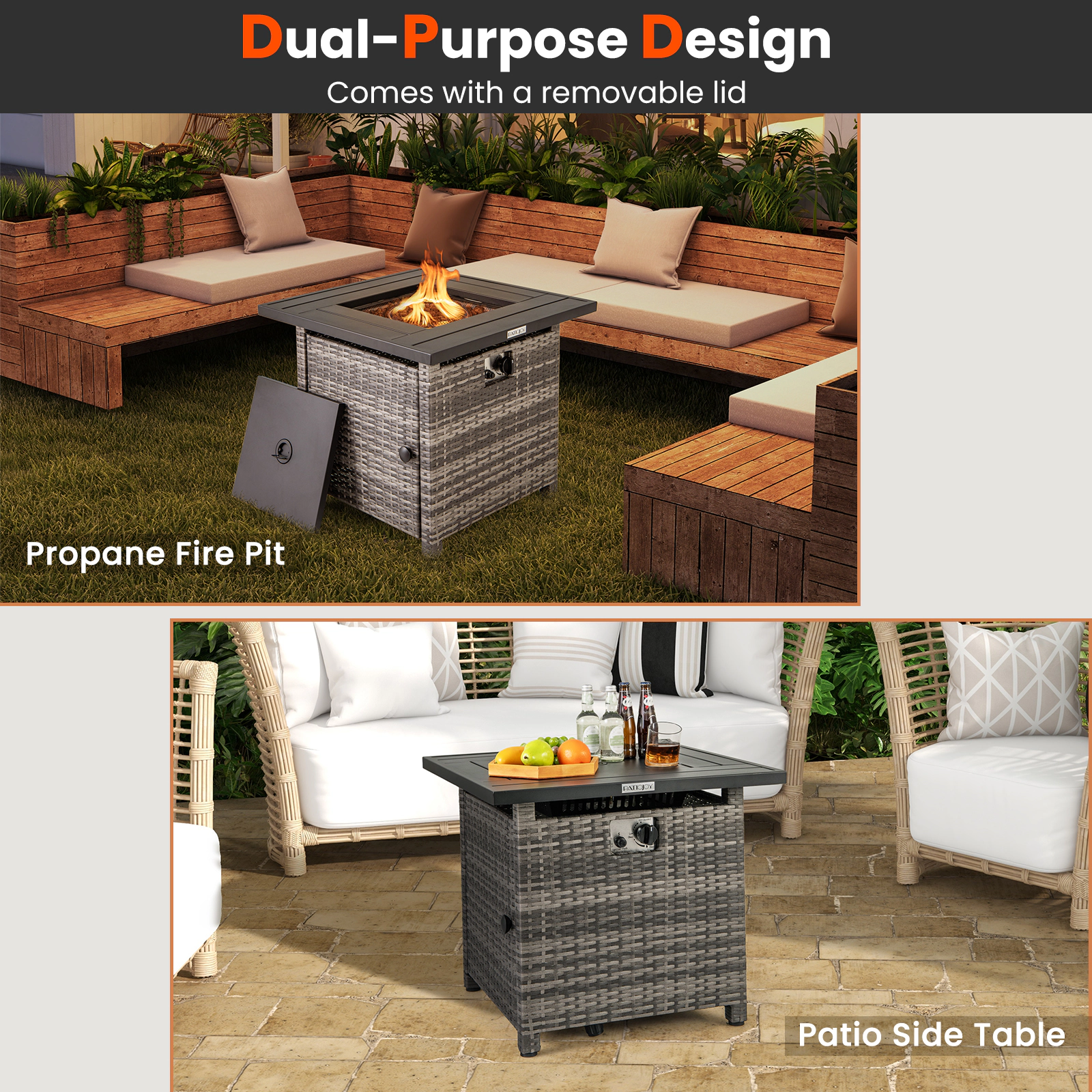 SUGIFT 29-in Compact 50000-BTU Propane Gas Fire Pit Table with Gray PE Rattan Weave and PVC Cover