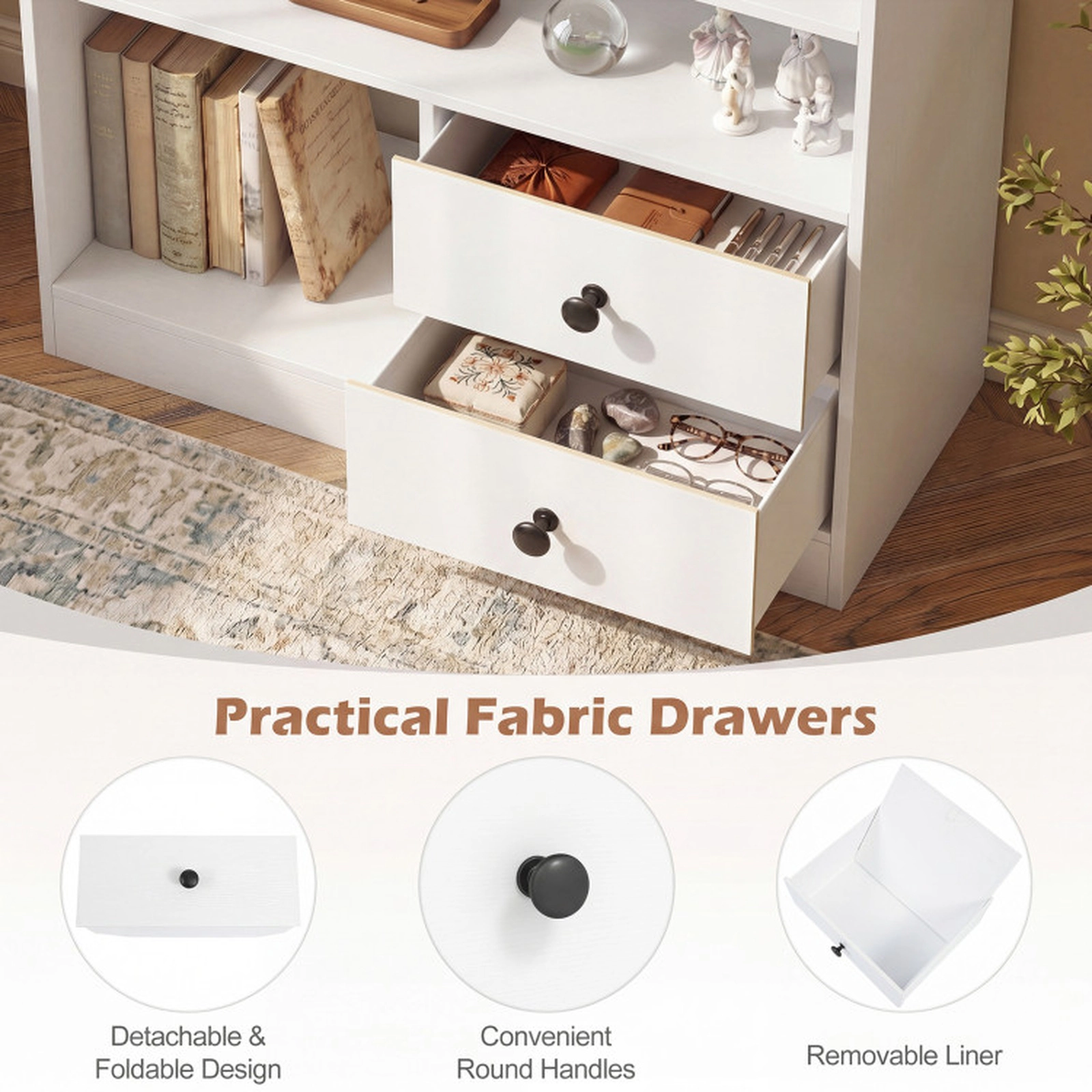 SUGIFT Open Storage Cabinet with 3 Open Compartments and 2 Drawers Accent Table 44-lb Countertop Capacity White Black