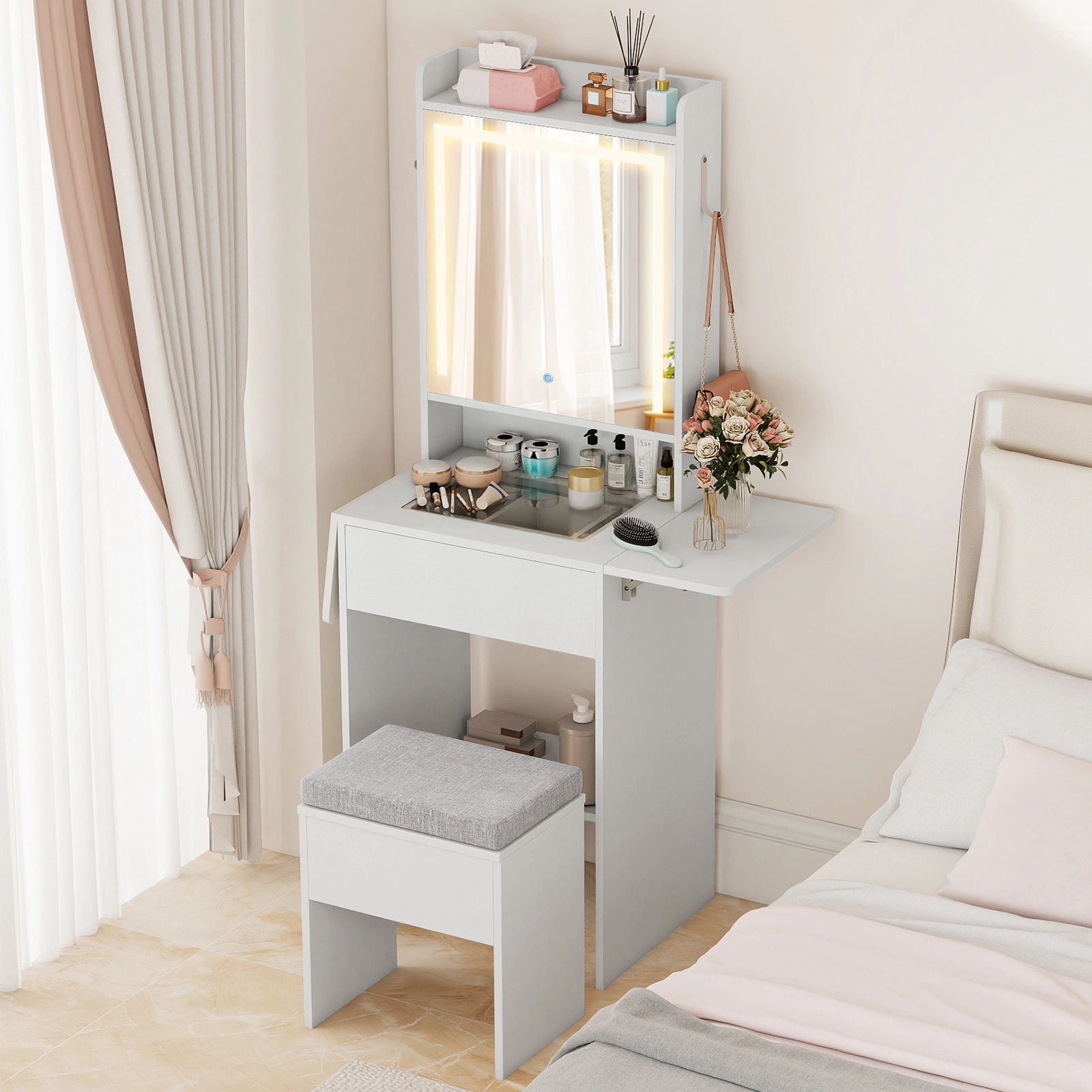 SUGIFT Space-Saving Vanity Desk with Drop-Leaf Top Expanding to 37-in Hidden Mirror Cabinet and Outlets