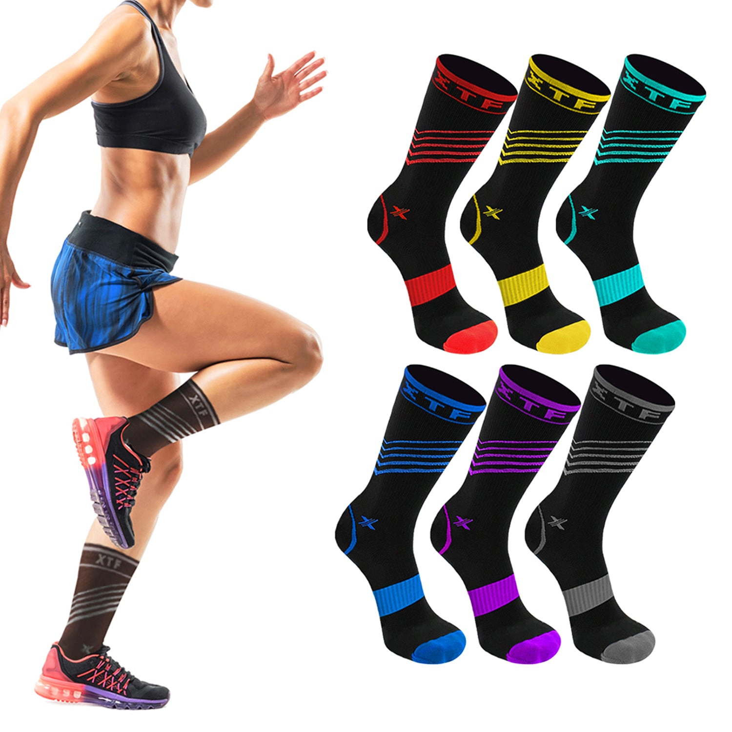 Extreme Fit Crew Compression Socks - Made For Running, Athletics - 6 Pair