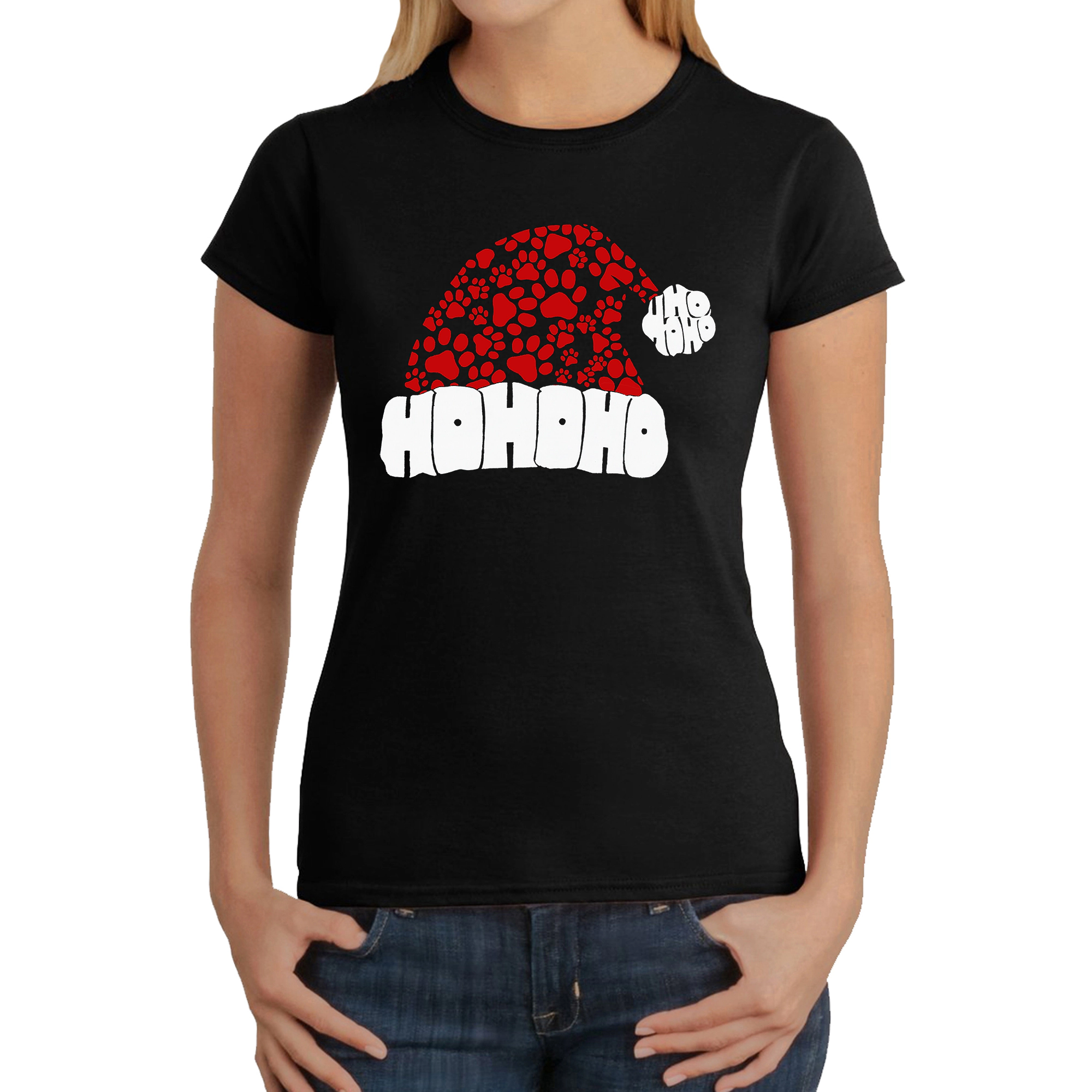 LA Pop Art Women's Word T-Shirt - Paw Print Santa Hat