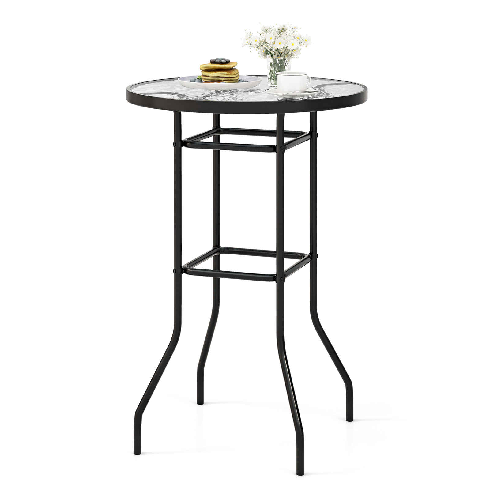 LJG 38 Inch Patio Bar Table with Tempered Glass Tabletop