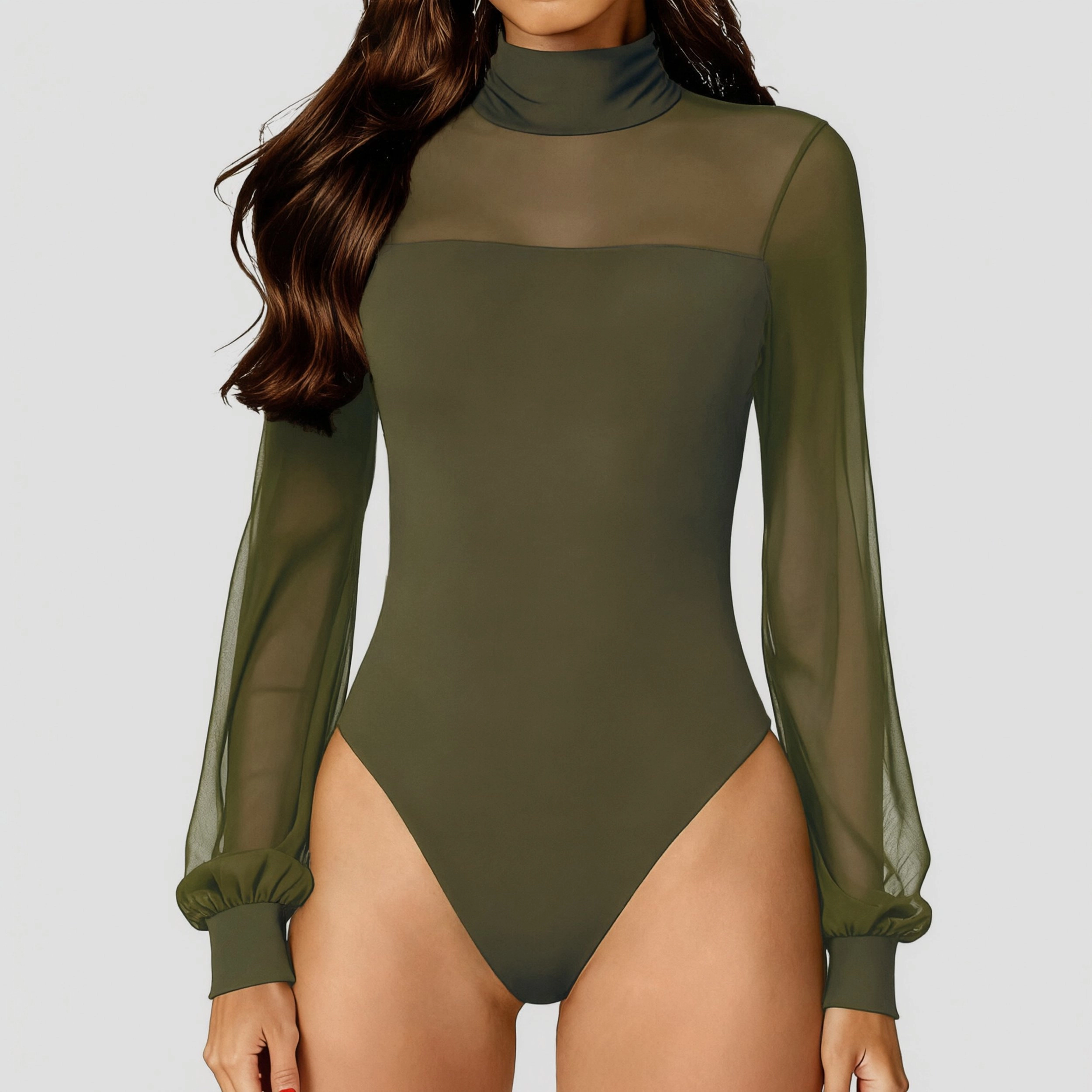 Avidlove Women's Mesh Mock Neck Double Lined Long Sleeve Bodysuit