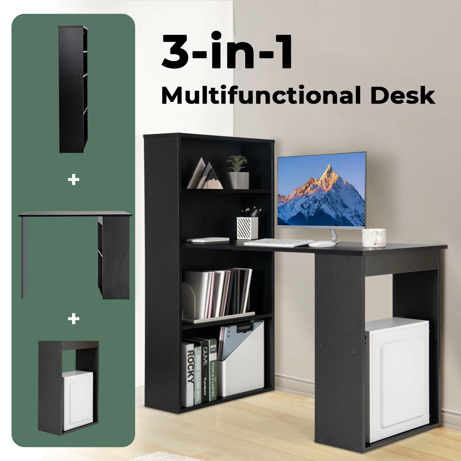 SlickBlue Computer Desk with Bookshelf, Cabinet and Storage Shelves