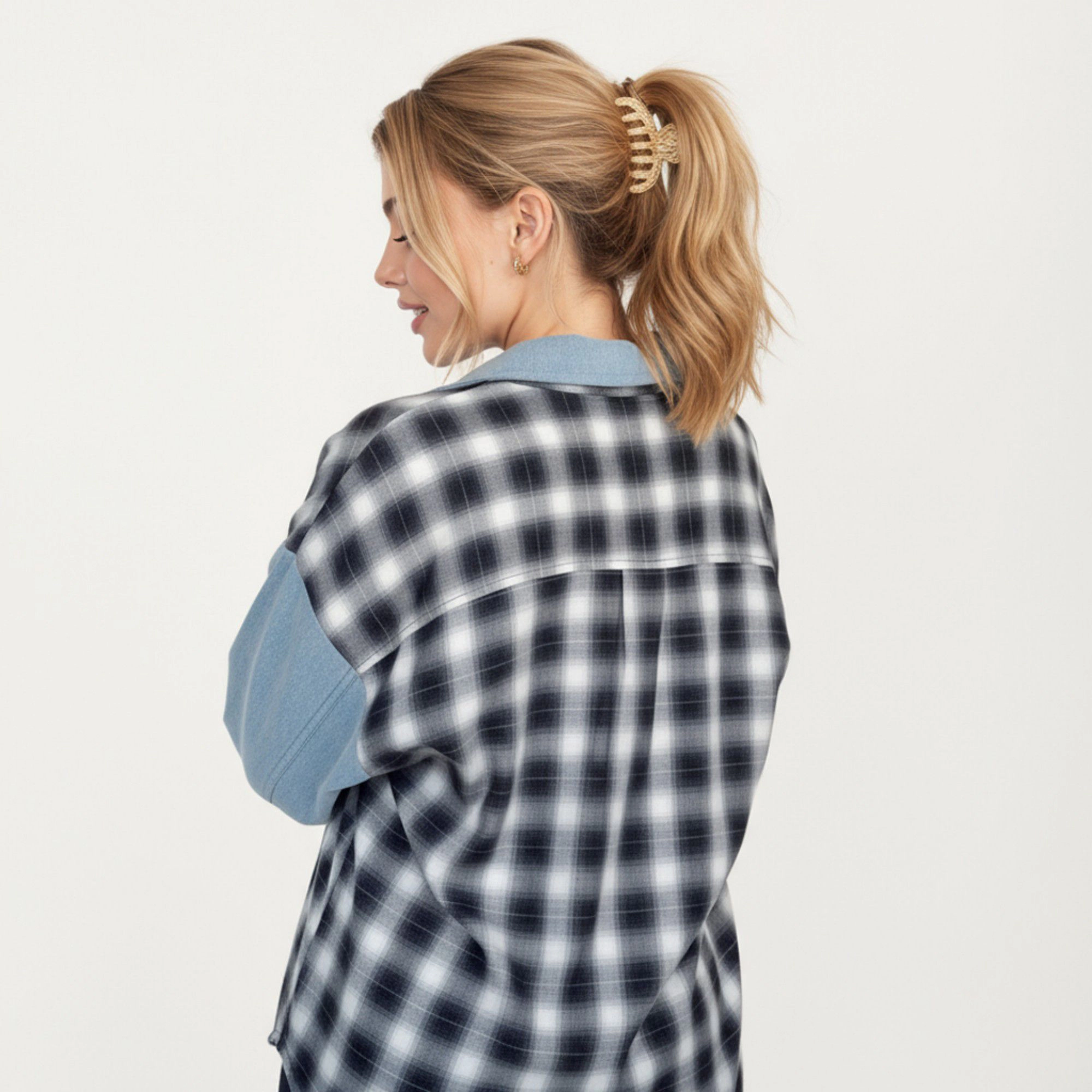 Anna-Kaci Women's Denim and Plaid Contrast Shacket