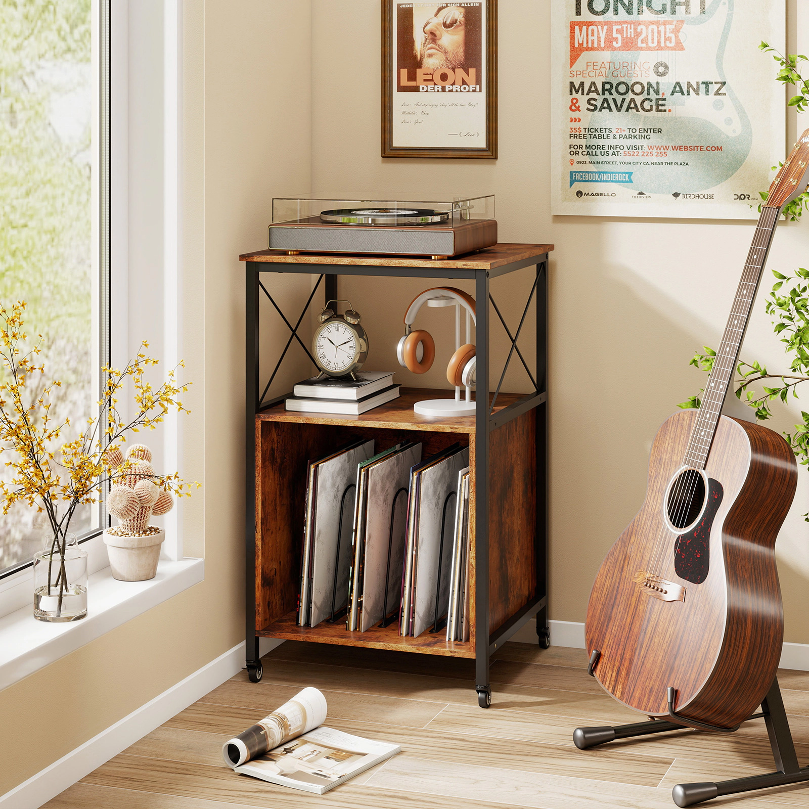 SUGIFT Mobile Record Player Stand with Power Outlet Accent Table 190-lb Capacity Rustic Brown & Black 32-in Tall