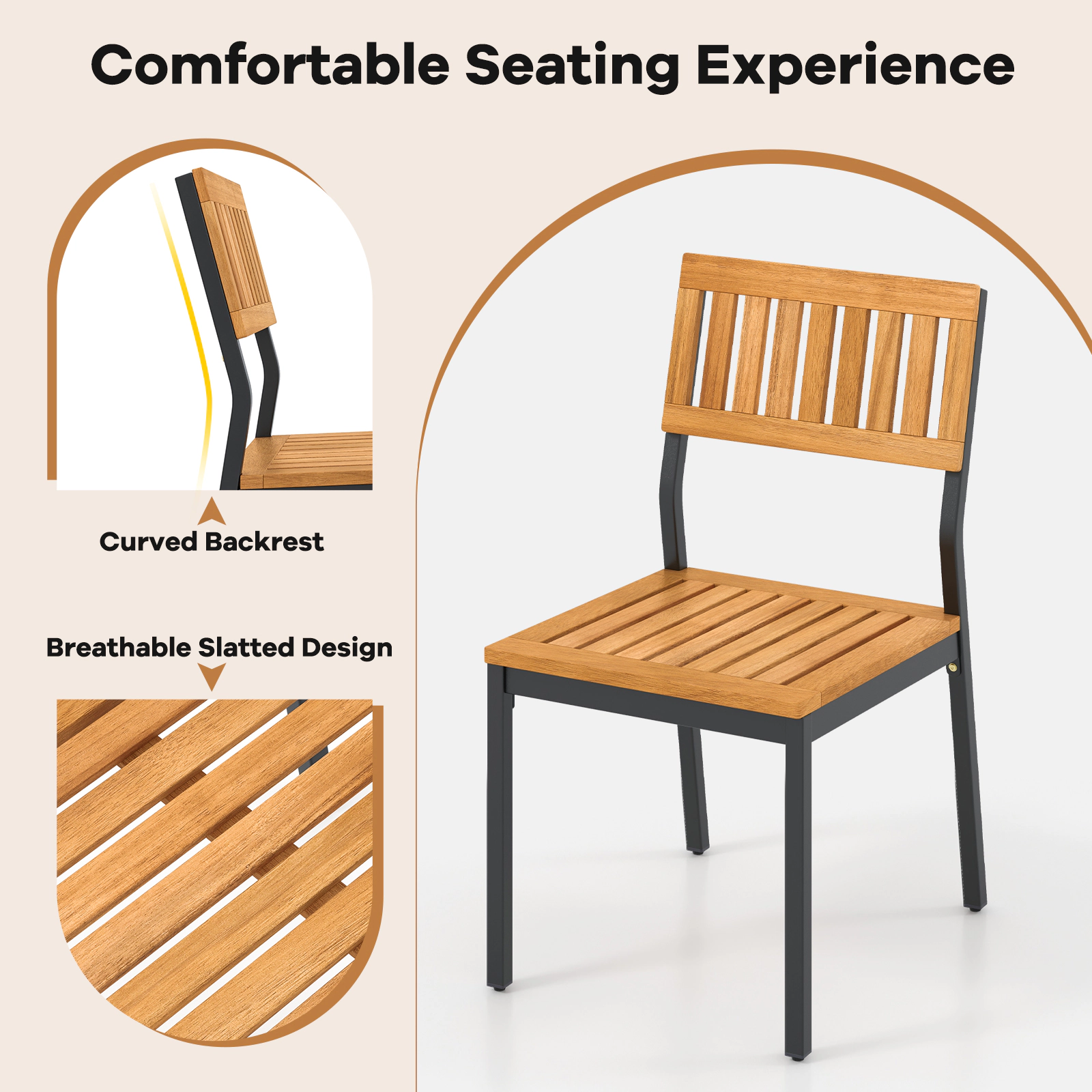 SUGIFT Set of 2 Acacia Wood Outdoor Bistro Dining Chairs, Metal Frame, Slatted Back