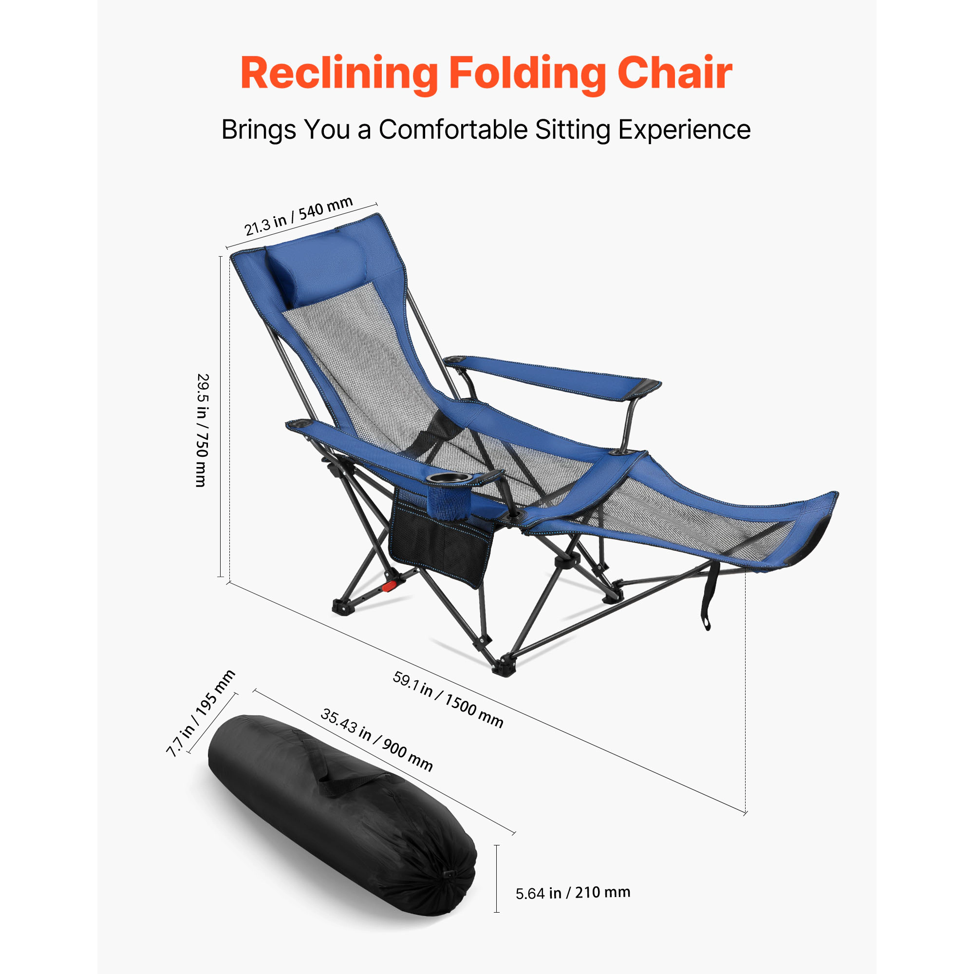 HONGGE Reclining Camping Chair 4 Adjustable Positions Portable Folding Lounger for Adults Mesh Beach with