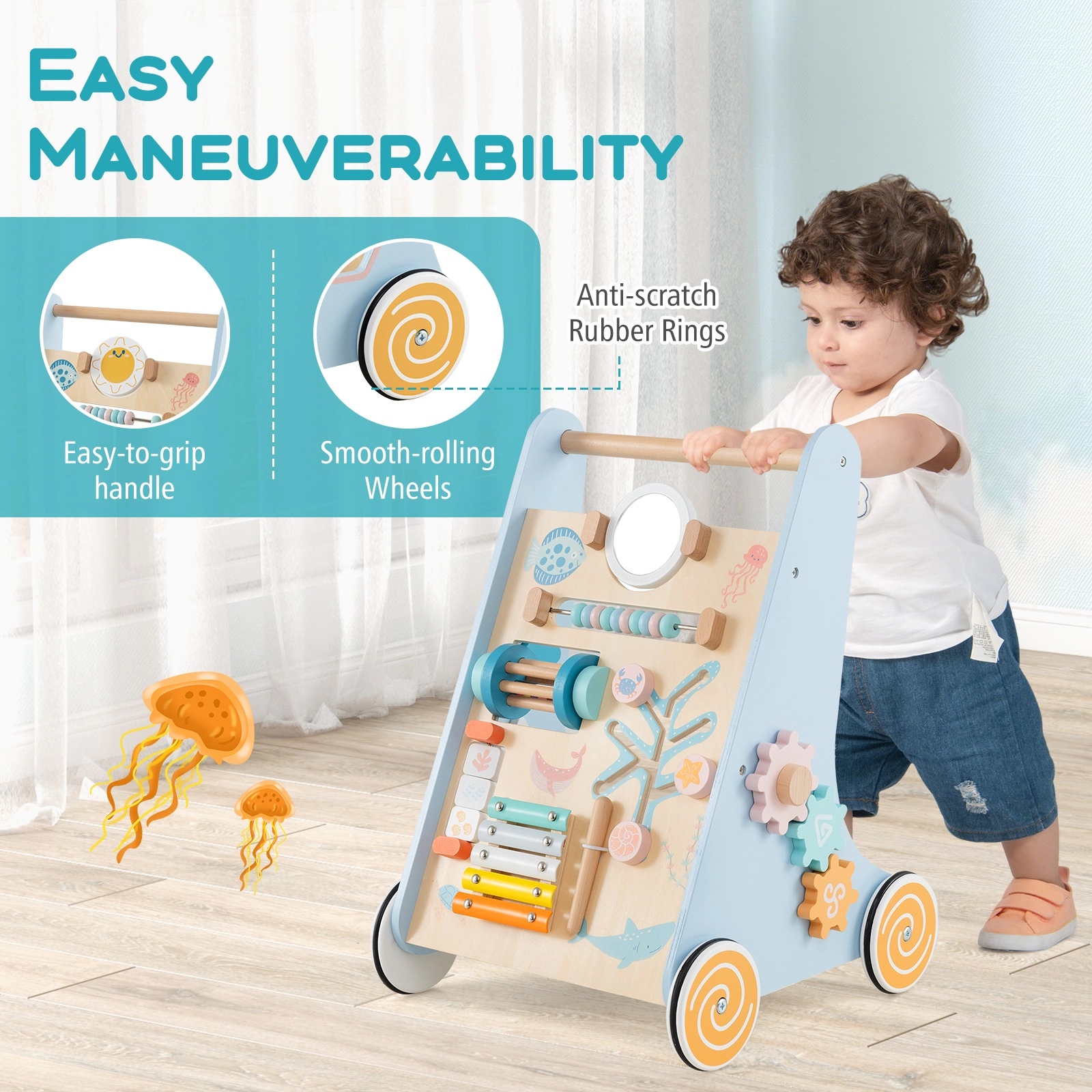 SUGIFT Blue Wheels Wooden Baby Walker 8-in-1 Push and Pull Learning Activity Center