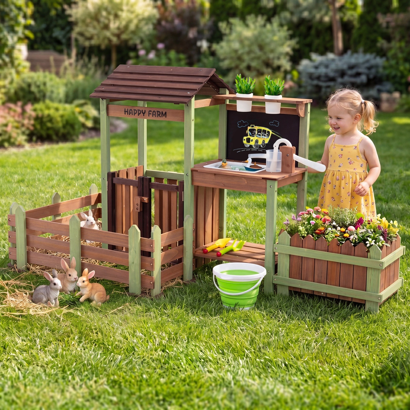 Kids Mud Farm Playset Outdoor Raised Planter Box Lockable Animal Yard Running Faucet 65-in x 27-in x 35-in Fir Wood