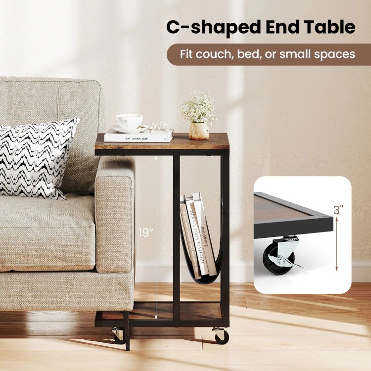 Hivvago Modern C-Shaped Side Table with Metal Frame and Fabric Storage Holder