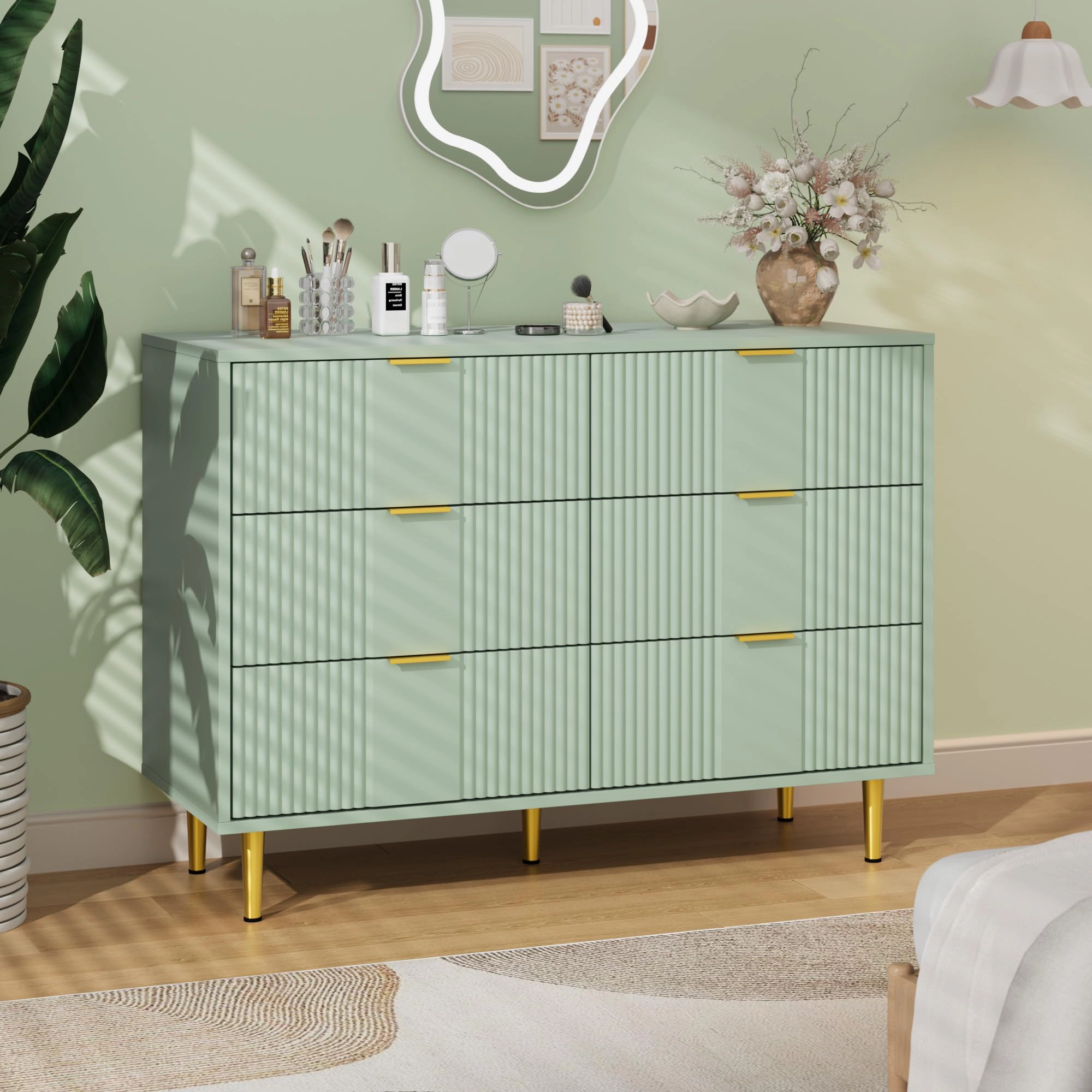 39.4" Fluted 6 Drawer Dresser with Metal Handles, Modern Wood Storage Chest for Bedroom