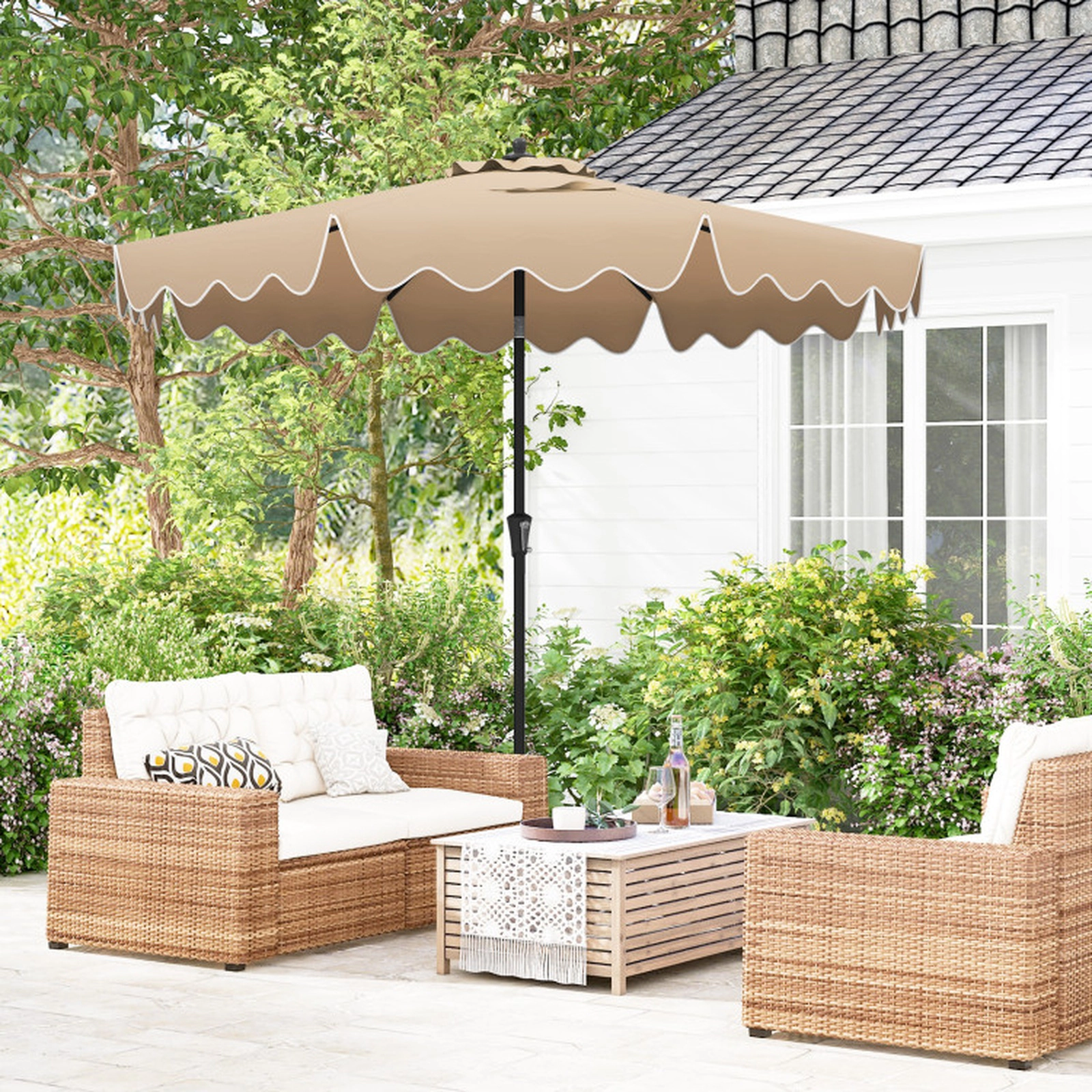 SUGIFT 9-ft Brown Scalloped Ruffled Patio Umbrella with 8 Ribs Vented Top Safety Latch and Fastener Tabs