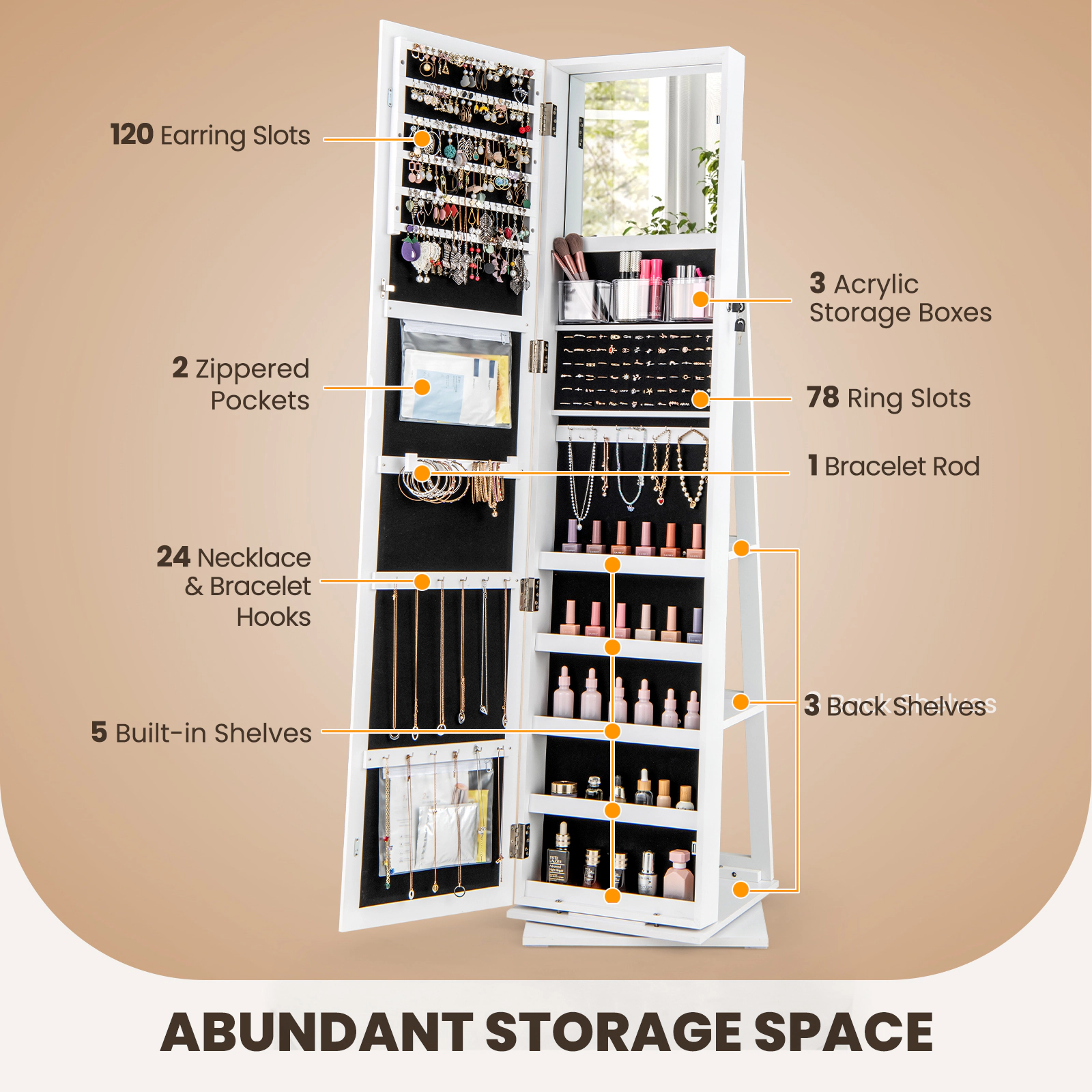SUGIFT 62.5 in Swivel Jewelry Armoire White with Full Length Mirror and 3 Back Storage Shelves