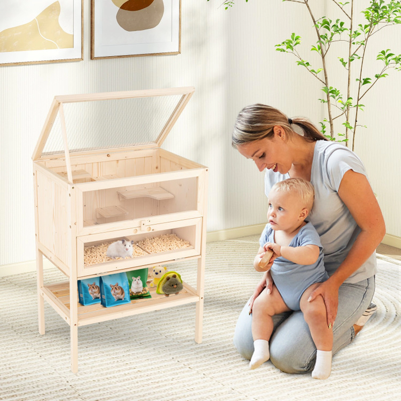 SUGIFT Natural Flip-Up Roof 31.5-in Freestanding Wooden Hamster Cage Small Pet Habitat