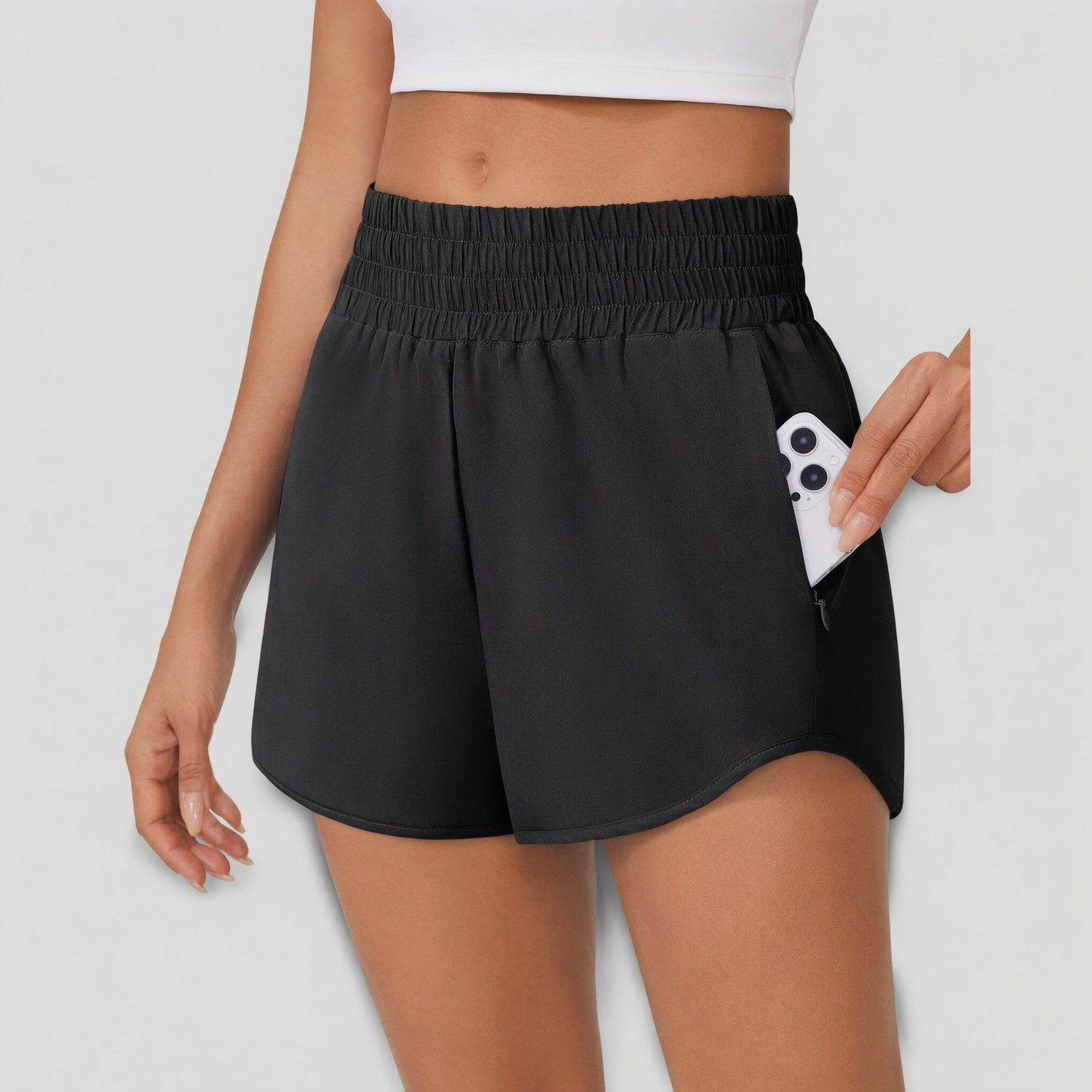 Pinspark Womens High Waist Running Shorts Smocked Waistband Zip Pockets Casual