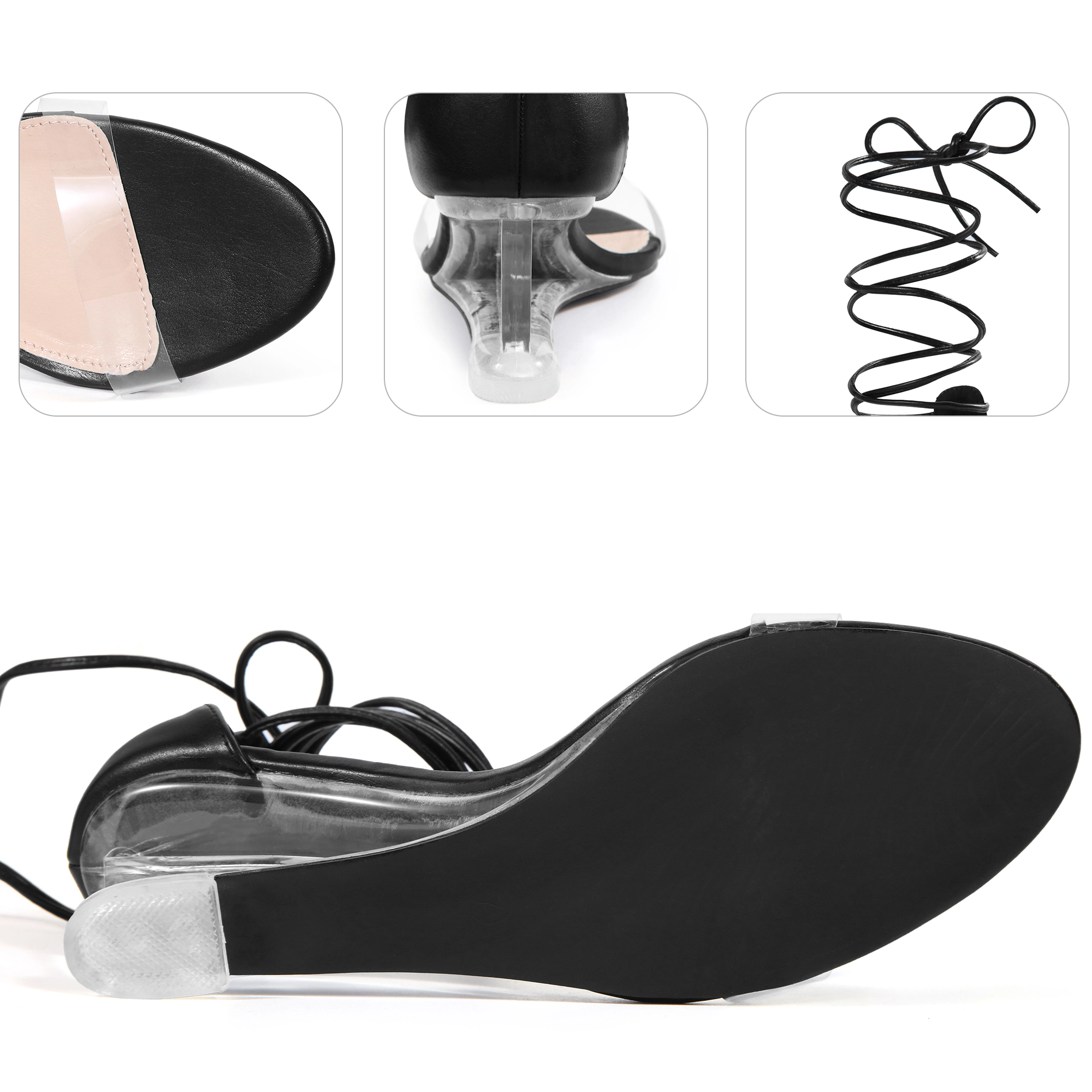 BLISSFUL STEP Women's Clear Strap Lace Up Open Toe Wedges Heel Sandals