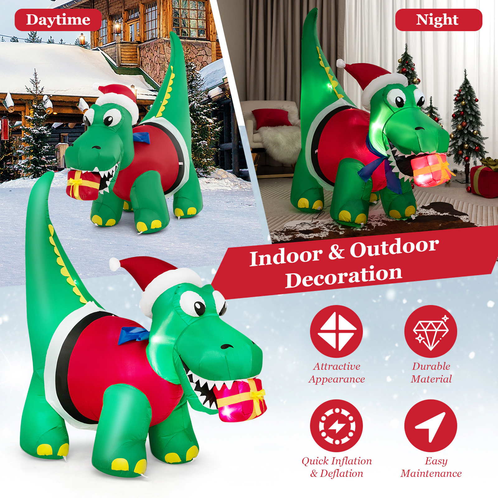 Glintex 6-Ft Inflatable Christmas Dinosaur with Santa Hat and Gift Box, Green