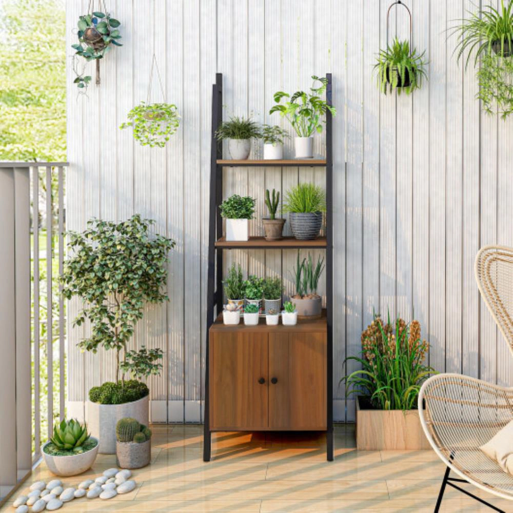 Hivvago 4-Tier Ladder Shelf with Cabinet and Metal Frame-Rustic Brown