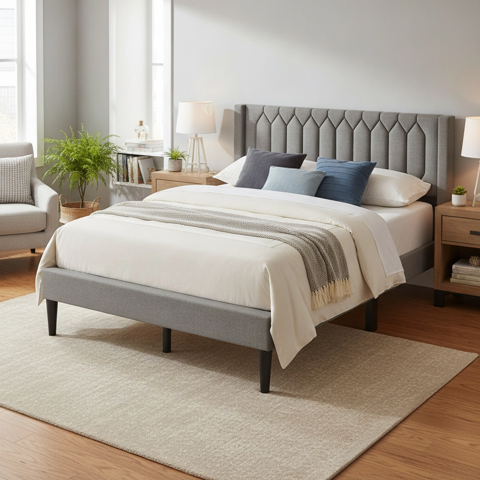 SUGIFT Queen Upholstered Platform Bed Frame with Gray Wingback Headboard