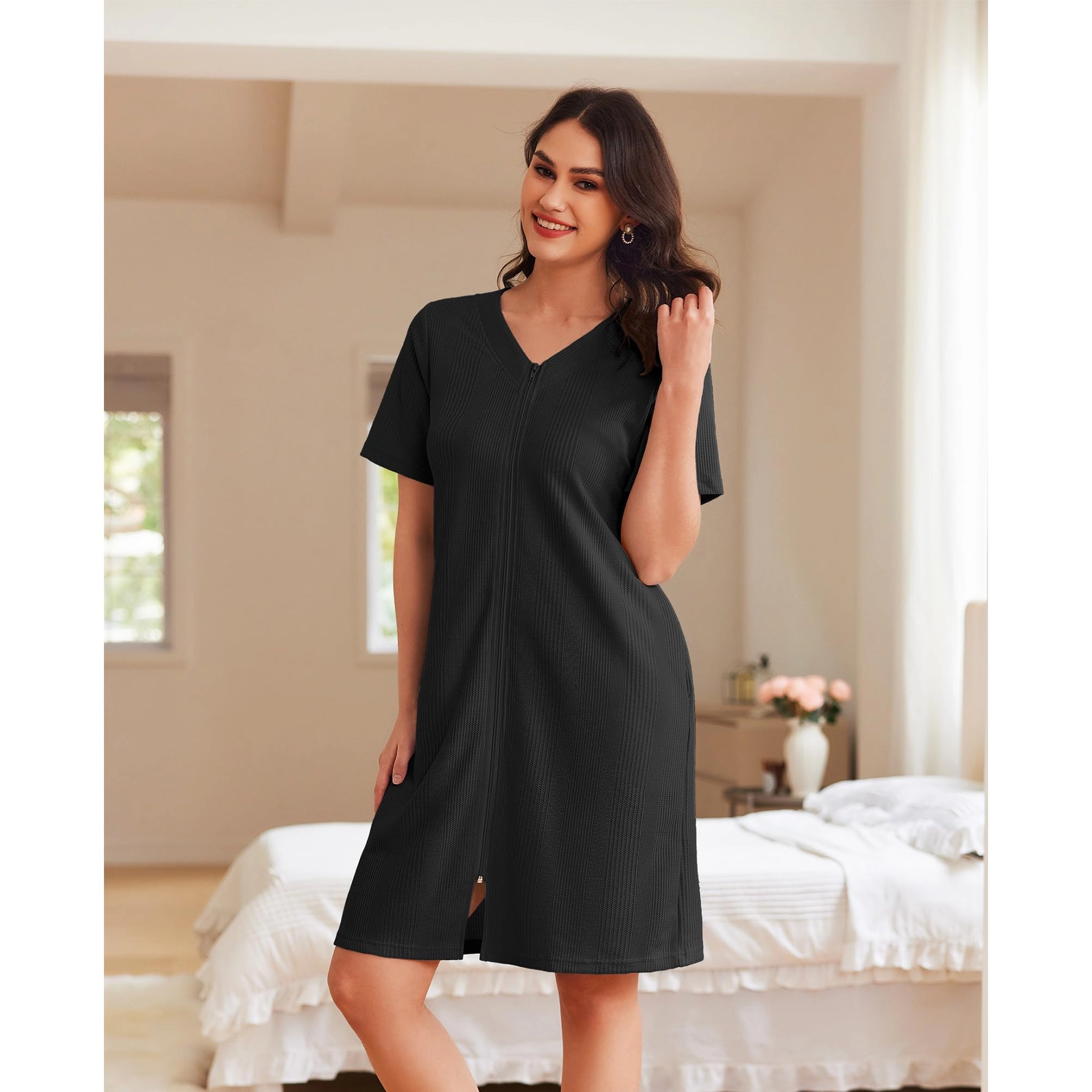 Ekouaer Womens Zipper Robes Waffle Short Bathrobe House Coat with Pockets Soft Nightgown